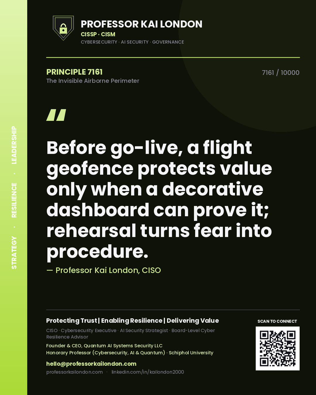 Quote card by Professor Kai London reading 'Before go-live, a flight geofence protects value only when a decorative dashboard can prove it; rehearsal turns fear into procedure.'. From the book The Invisible Airborne Perimeter.