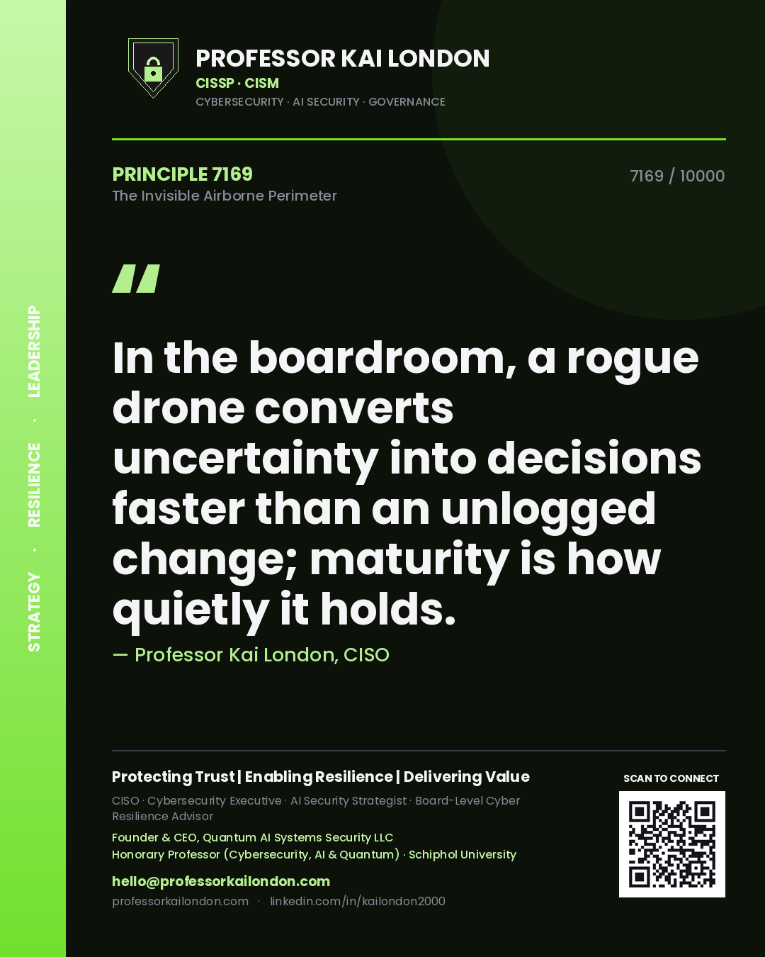 Professor Kai London principle 7169: In the boardroom, a rogue drone converts uncertainty into decisions faster than an unlogged change; maturity is how quietly it holds.