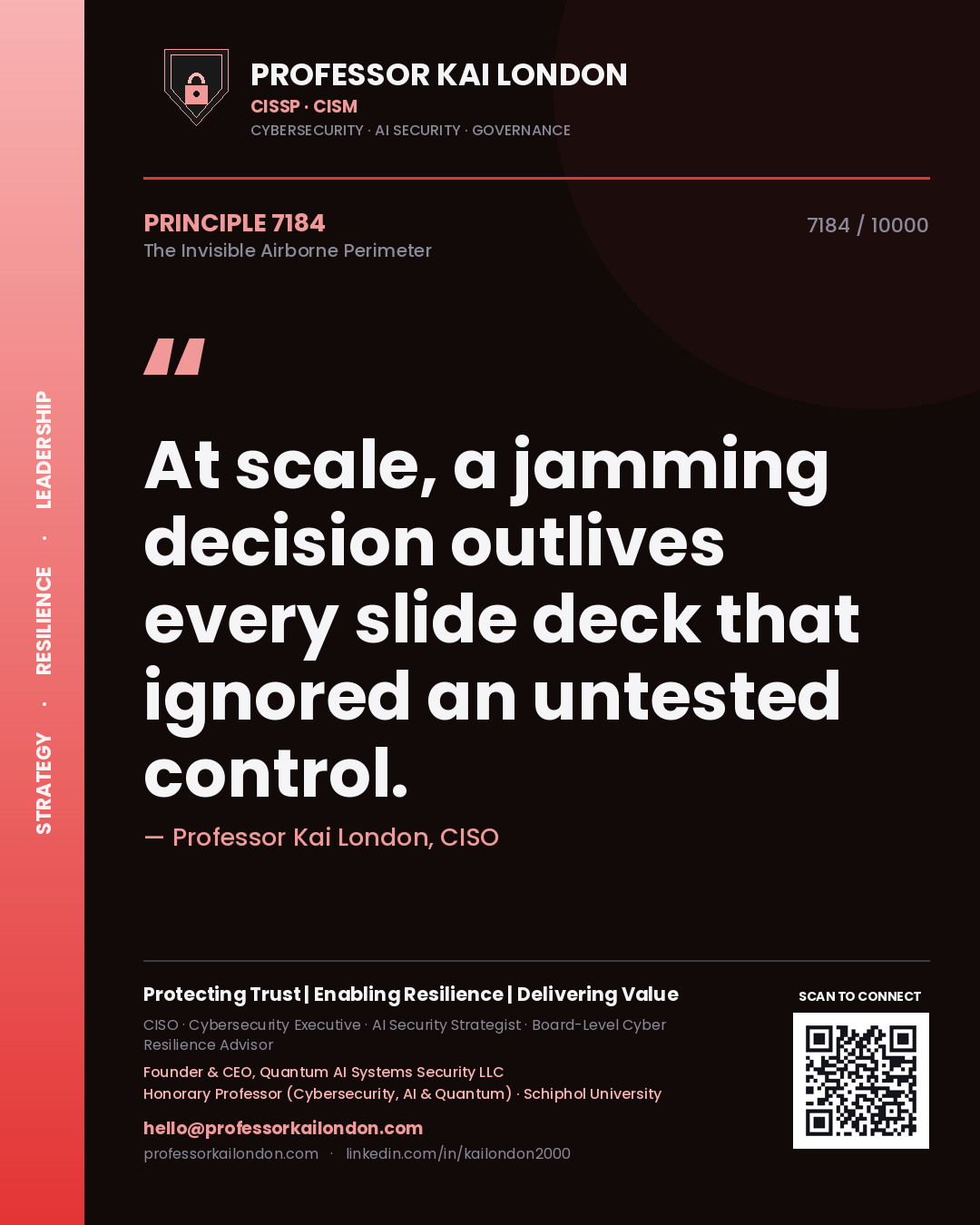 Quote card by Professor Kai London reading 'At scale, a jamming decision outlives every slide deck that ignored an untested control.'. From the book The Invisible Airborne Perimeter.