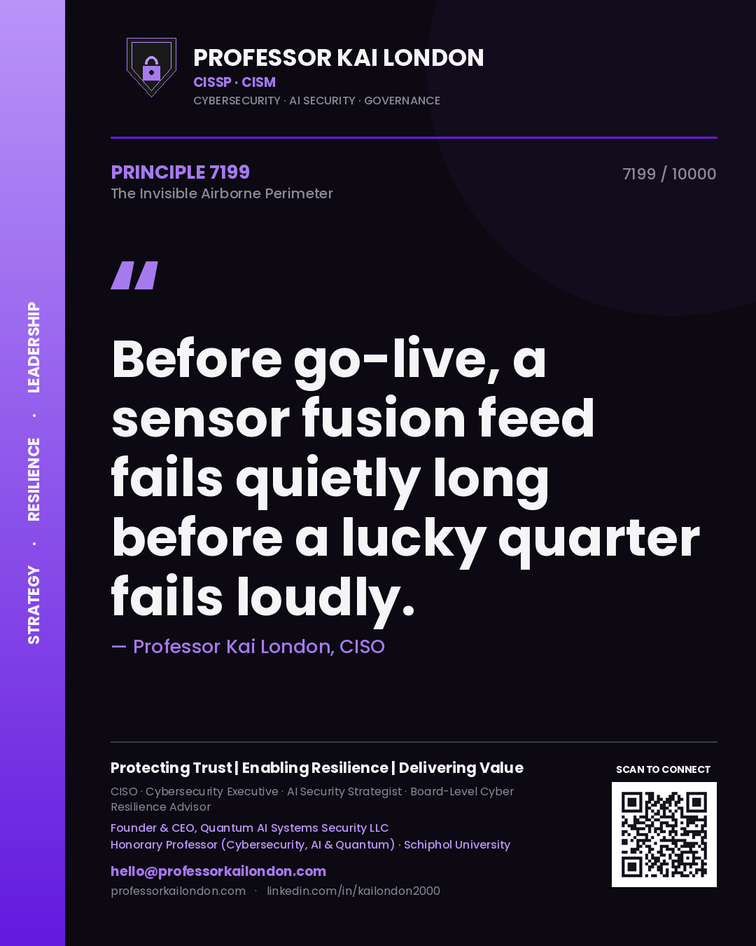 Quote card by Professor Kai London reading 'Before go-live, a sensor fusion feed fails quietly long before a lucky quarter fails loudly.'. From the book The Invisible Airborne Perimeter.
