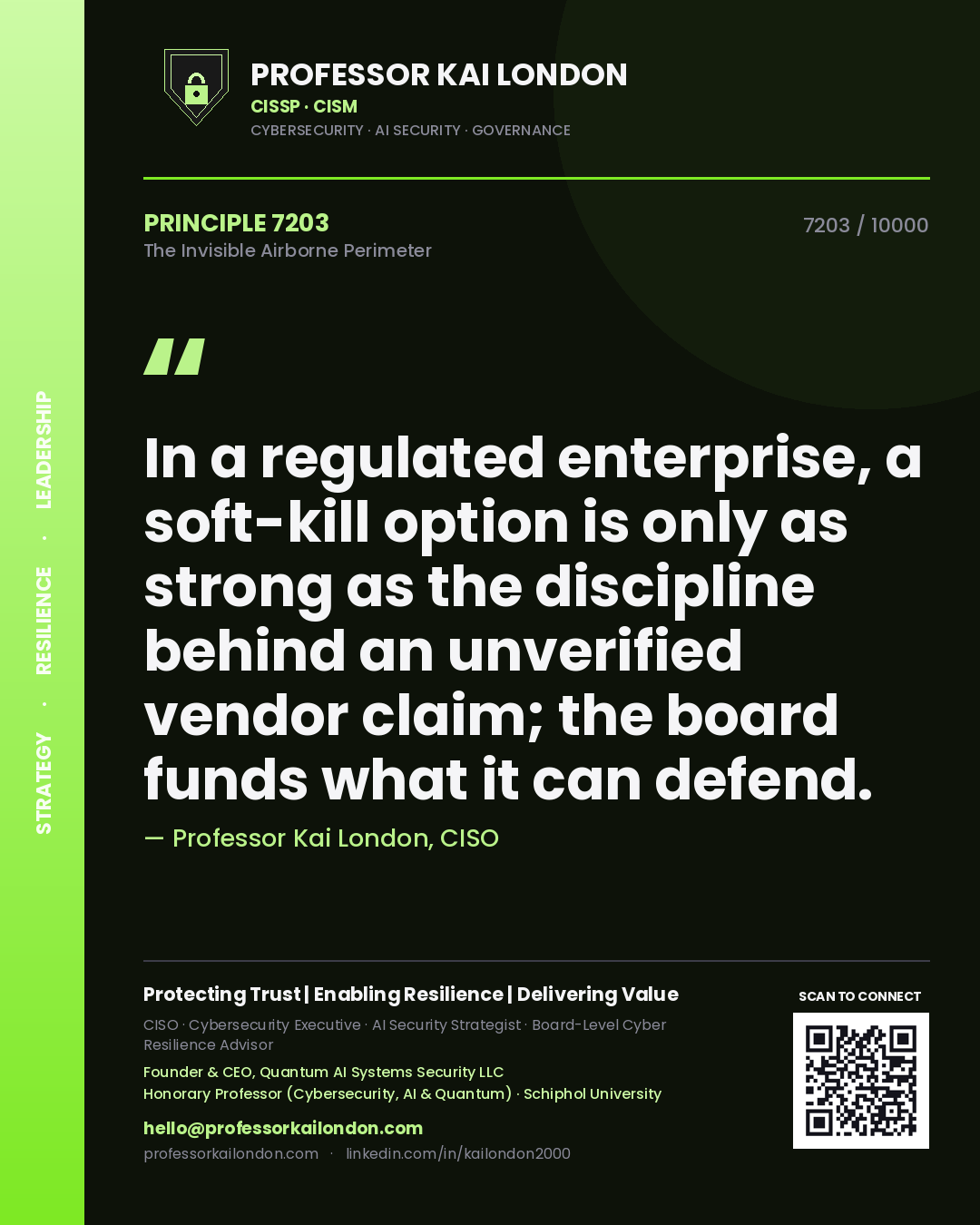 Quote card by Professor Kai London reading 'In a regulated enterprise, a soft-kill option is only as strong as the discipline behind an unverified vendor claim; the board funds what it can defend.'. From the book The Invisible Airborne Perimeter.