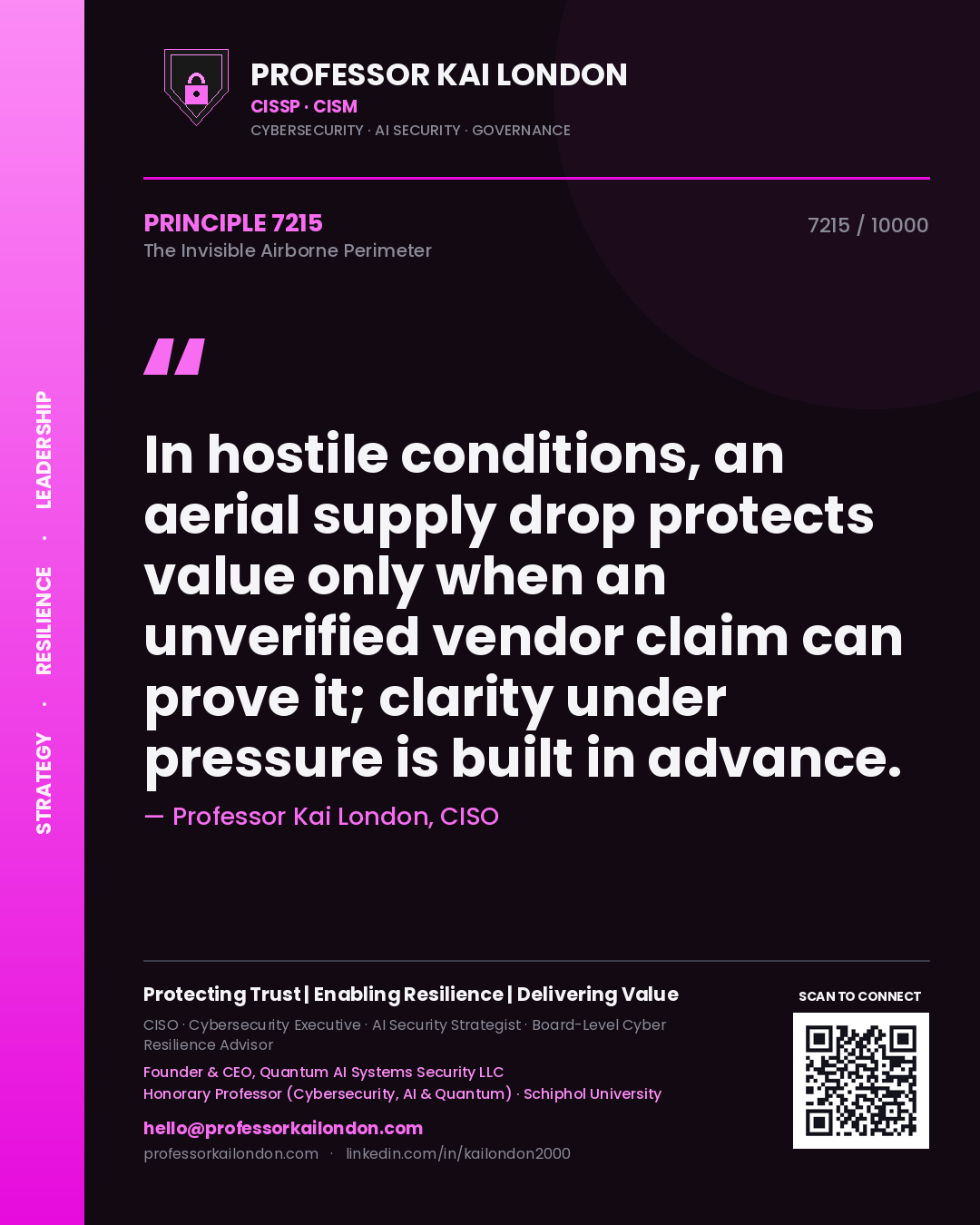 Professor Kai London principle 7215: In hostile conditions, an aerial supply drop protects value only when an unverified vendor claim can prove it; clarity under pressure is built in advance.
