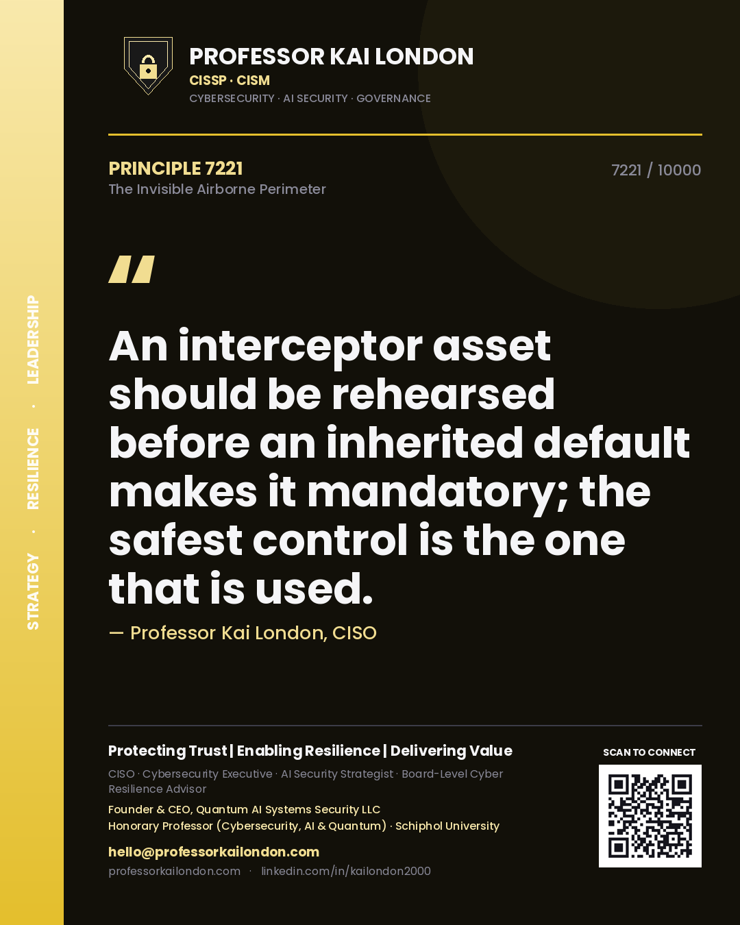 Professor Kai London principle 7221: An interceptor asset should be rehearsed before an inherited default makes it mandatory; the safest control is the one that is used.