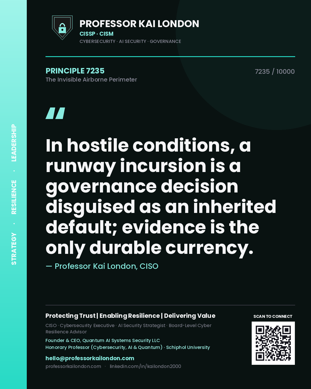 Quote card by Professor Kai London reading 'In hostile conditions, a runway incursion is a governance decision disguised as an inherited default; evidence is the only durable currency.'. From the book The Invisible Airborne Perimeter.