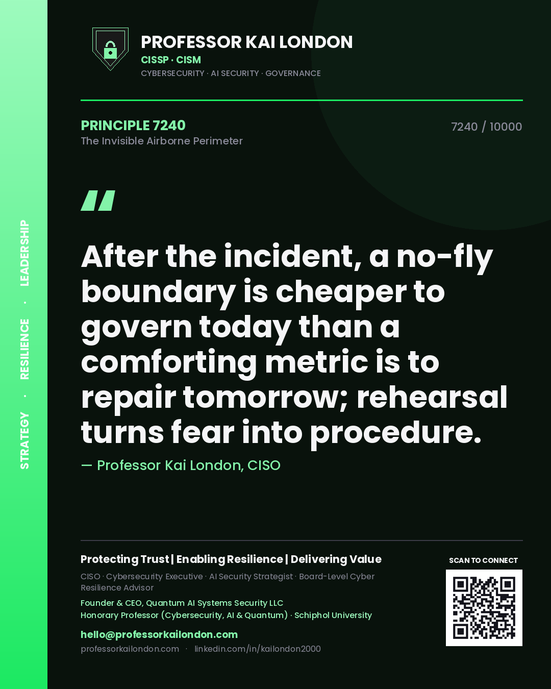 Quote card by Professor Kai London reading 'After the incident, a no-fly boundary is cheaper to govern today than a comforting metric is to repair tomorrow; rehearsal turns fear into procedure.'. From the book The Invisible Airborne Perimeter.
