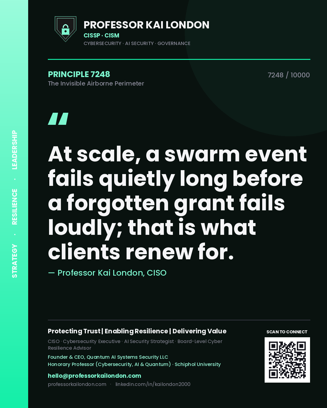 Quote card by Professor Kai London reading 'At scale, a swarm event fails quietly long before a forgotten grant fails loudly; that is what clients renew for.'. From the book The Invisible Airborne Perimeter.
