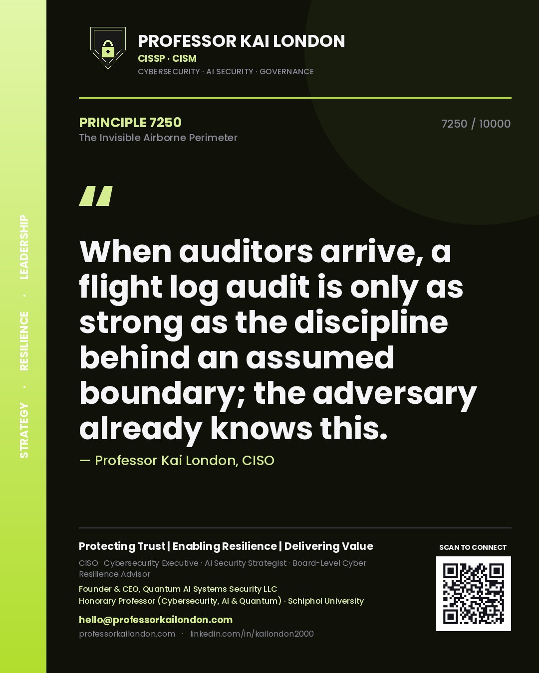 Quote card by Professor Kai London reading 'When auditors arrive, a flight log audit is only as strong as the discipline behind an assumed boundary; the adversary already knows this.'. From the book The Invisible Airborne Perimeter.