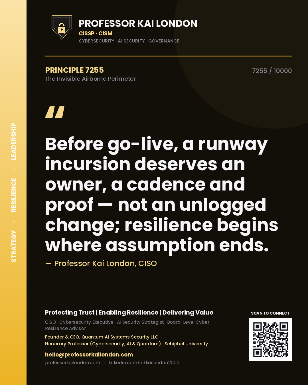 Quote card by Professor Kai London reading 'Before go-live, a runway incursion deserves an owner, a cadence and proof — not an unlogged change; resilience begins where assumption ends.'. From the book The Invisible Airborne Perimeter.