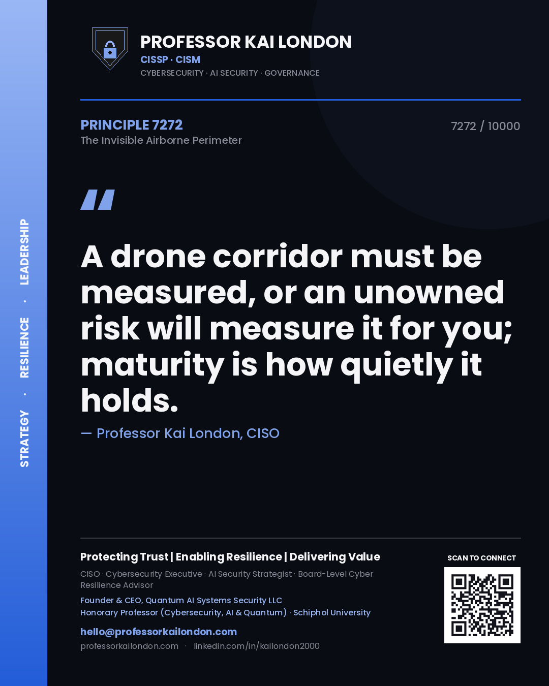 Quote card by Professor Kai London reading 'A drone corridor must be measured, or an unowned risk will measure it for you; maturity is how quietly it holds.'. From the book The Invisible Airborne Perimeter.
