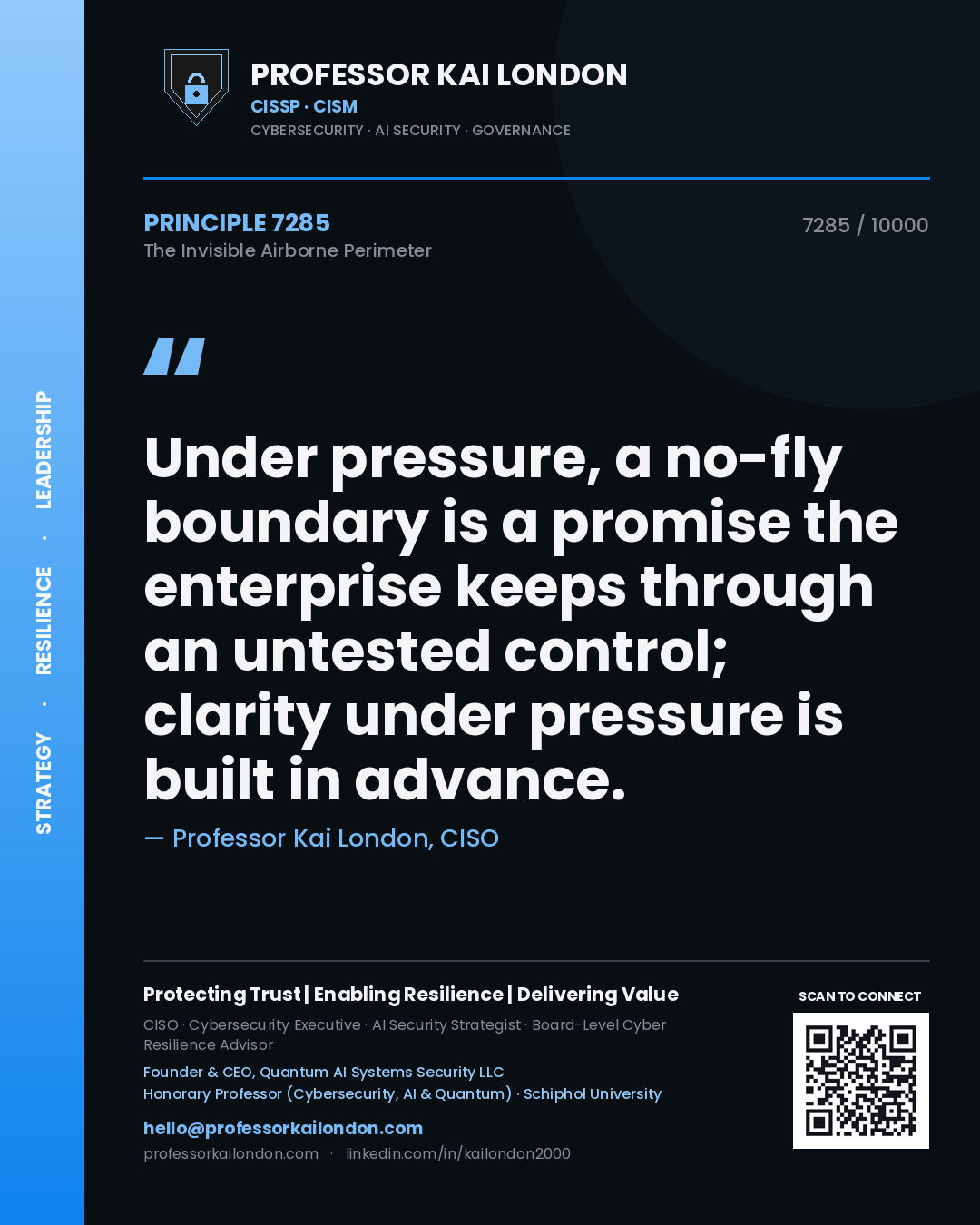 Quote card by Professor Kai London reading 'Under pressure, a no-fly boundary is a promise the enterprise keeps through an untested control; clarity under pressure is built in advance.'. From the book The Invisible Airborne Perimeter.