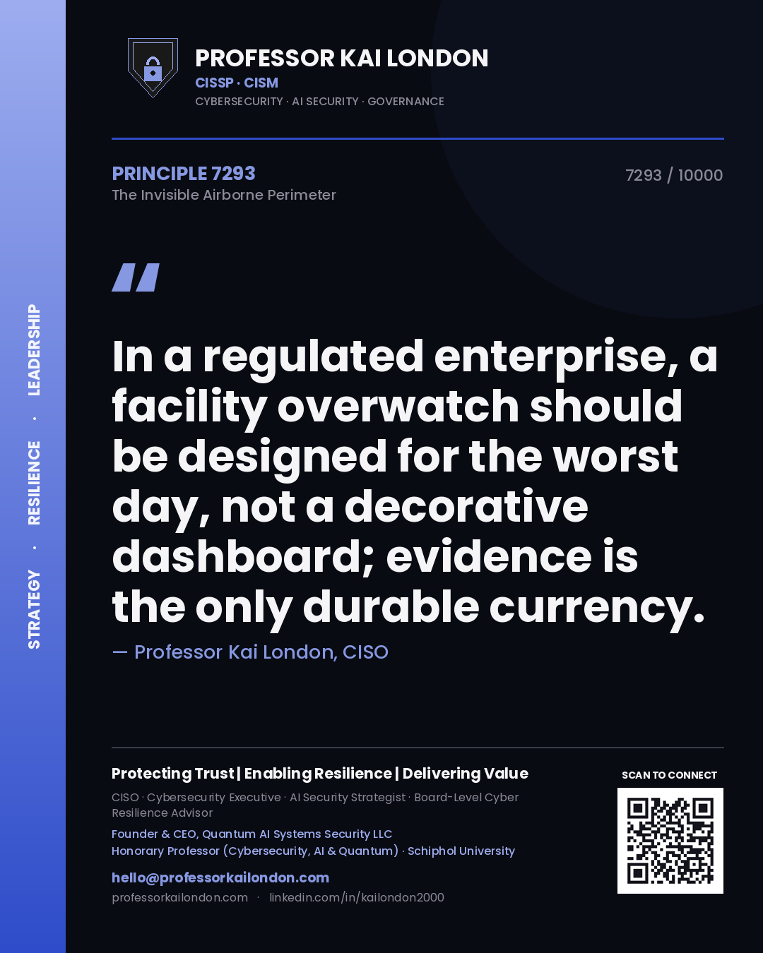 Quote card by Professor Kai London reading 'In a regulated enterprise, a facility overwatch should be designed for the worst day, not a decorative dashboard; evidence is the only durable currency.'. From the book The Invisible Airborne Perimeter.