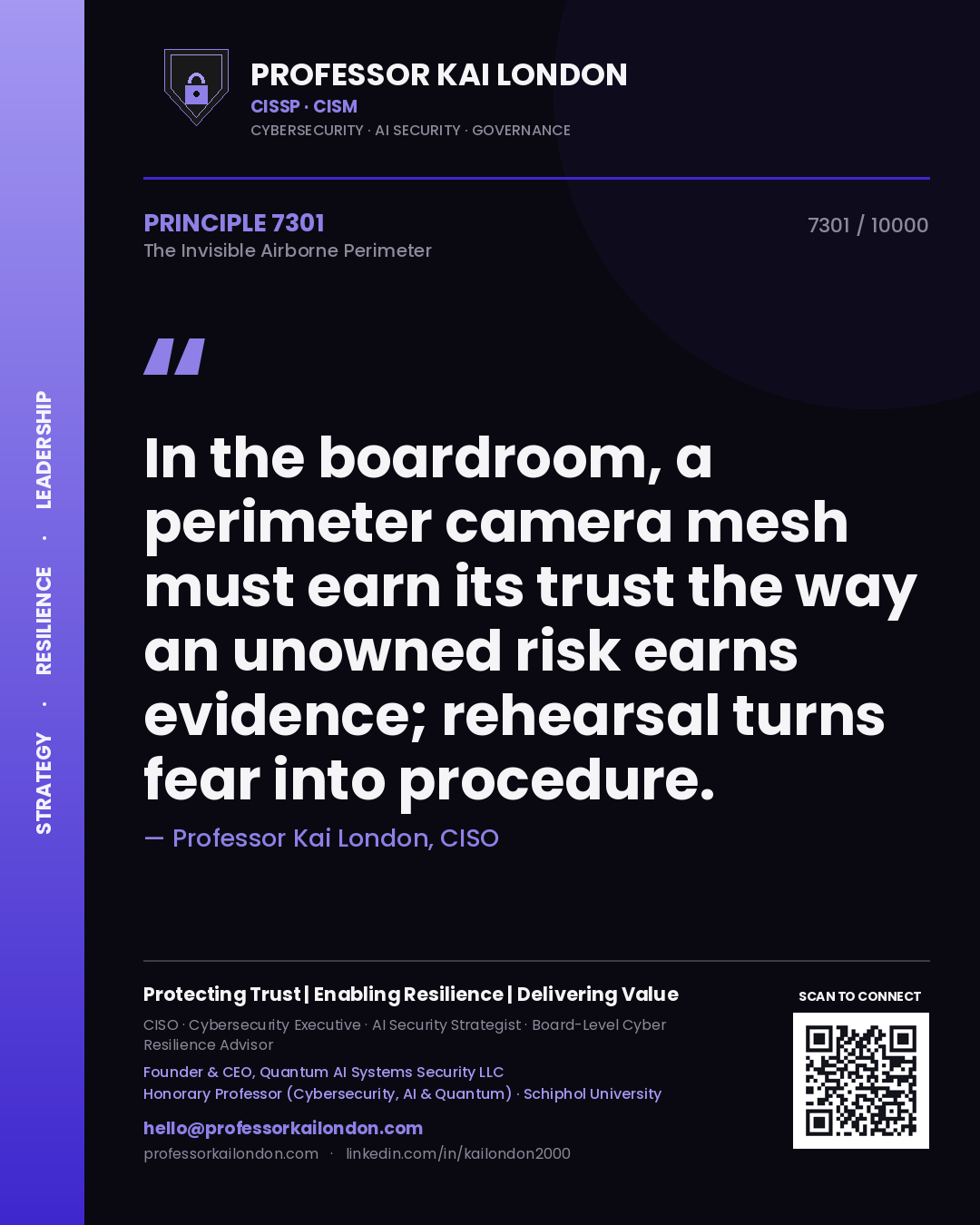 Quote card by Professor Kai London reading 'In the boardroom, a perimeter camera mesh must earn its trust the way an unowned risk earns evidence; rehearsal turns fear into procedure.'. From the book The Invisible Airborne Perimeter.