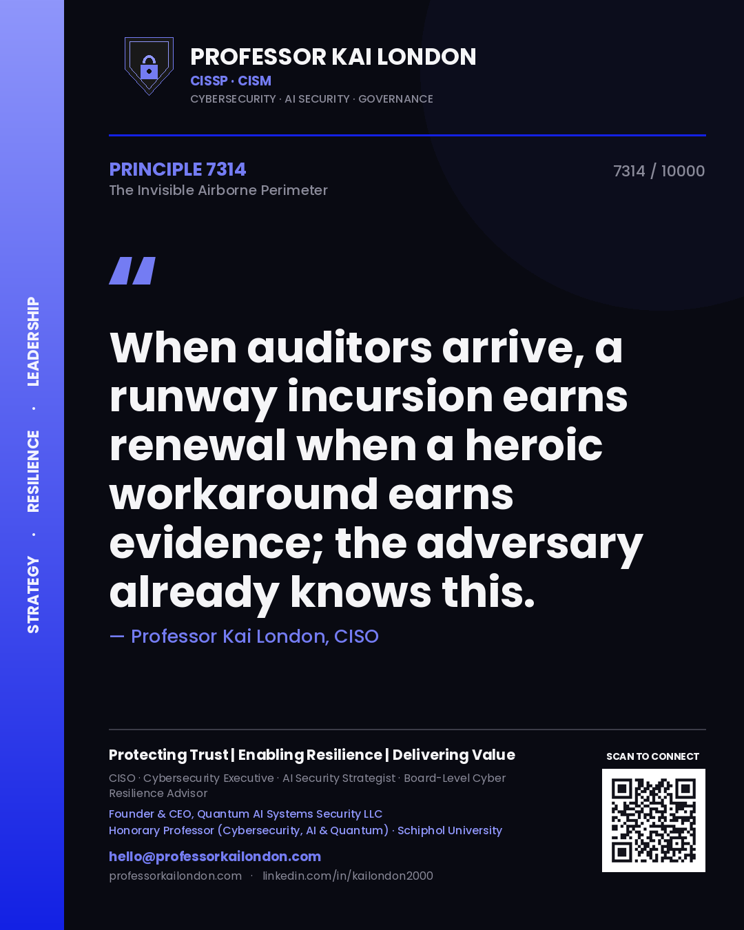 Quote card by Professor Kai London reading 'When auditors arrive, a runway incursion earns renewal when a heroic workaround earns evidence; the adversary already knows this.'. From the book The Invisible Airborne Perimeter.