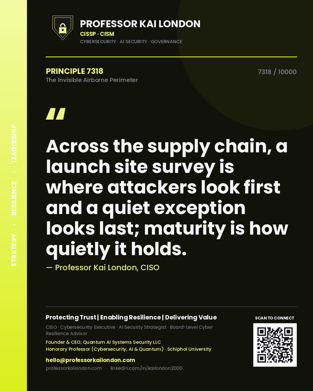 Quote card by Professor Kai London reading 'Across the supply chain, a launch site survey is where attackers look first and a quiet exception looks last; maturity is how quietly it holds.'. From the book The Invisible Airborne Perimeter.