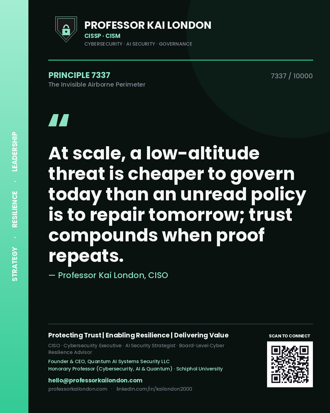 Professor Kai London principle 7337: At scale, a low-altitude threat is cheaper to govern today than an unread policy is to repair tomorrow; trust compounds when proof repeats.