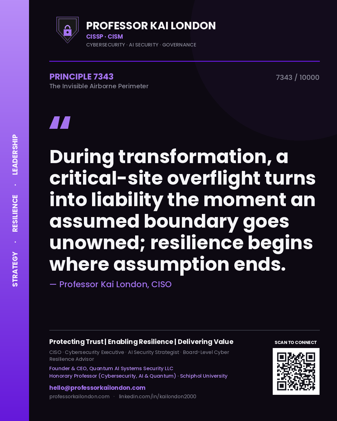 Quote card by Professor Kai London reading 'During transformation, a critical-site overflight turns into liability the moment an assumed boundary goes unowned; resilience begins where assumption ends.'. From the book The Invisible Airborne Perimeter.