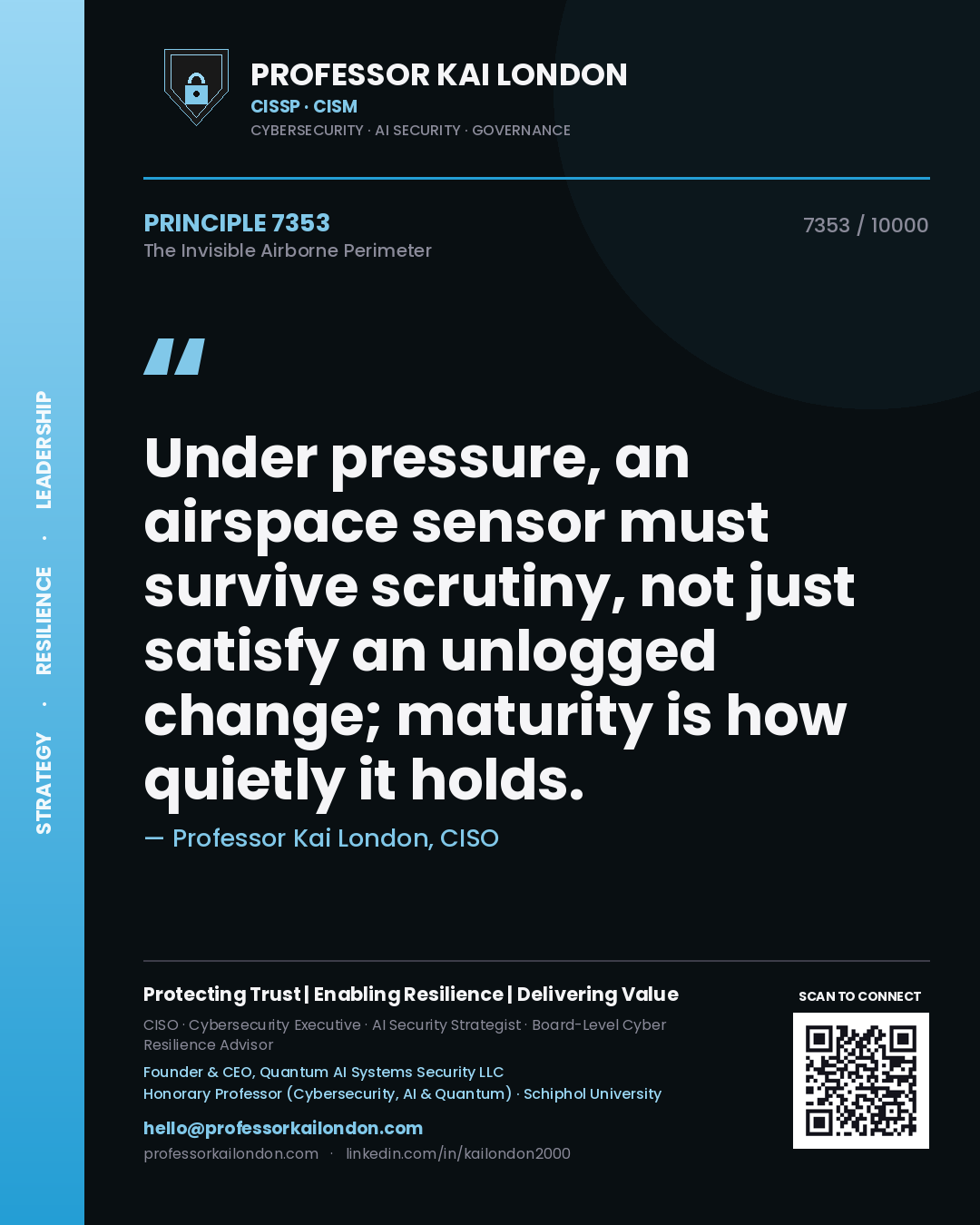 Quote card by Professor Kai London reading 'Under pressure, an airspace sensor must survive scrutiny, not just satisfy an unlogged change; maturity is how quietly it holds.'. From the book The Invisible Airborne Perimeter.