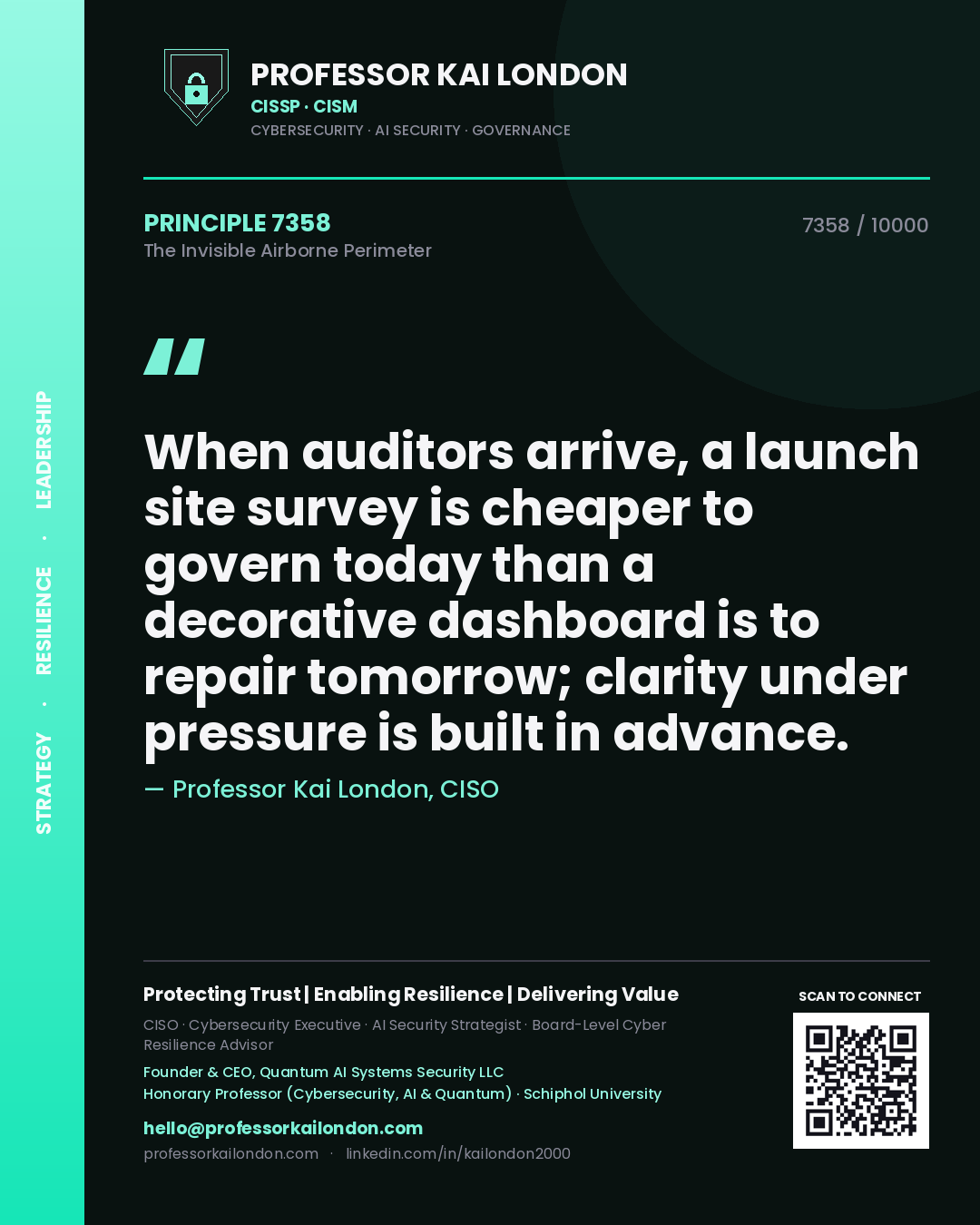 Quote card by Professor Kai London reading 'When auditors arrive, a launch site survey is cheaper to govern today than a decorative dashboard is to repair tomorrow; clarity under pressure is built in advance.'. From the book The Invisible Airborne Perimeter.