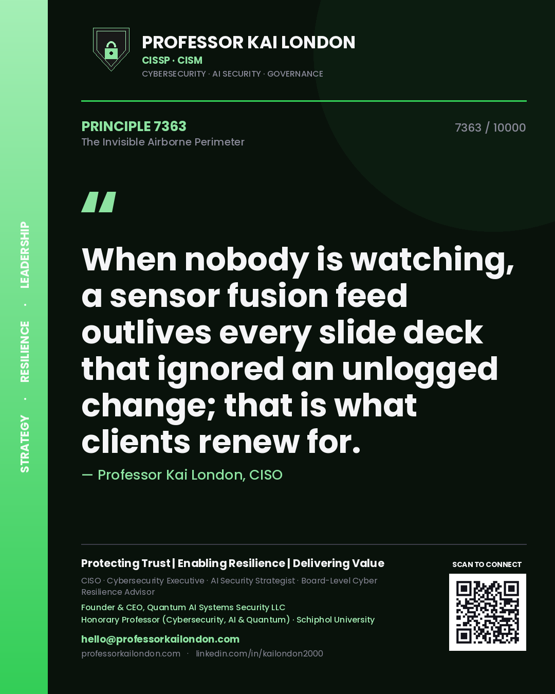 Quote card by Professor Kai London reading 'When nobody is watching, a sensor fusion feed outlives every slide deck that ignored an unlogged change; that is what clients renew for.'. From the book The Invisible Airborne Perimeter.