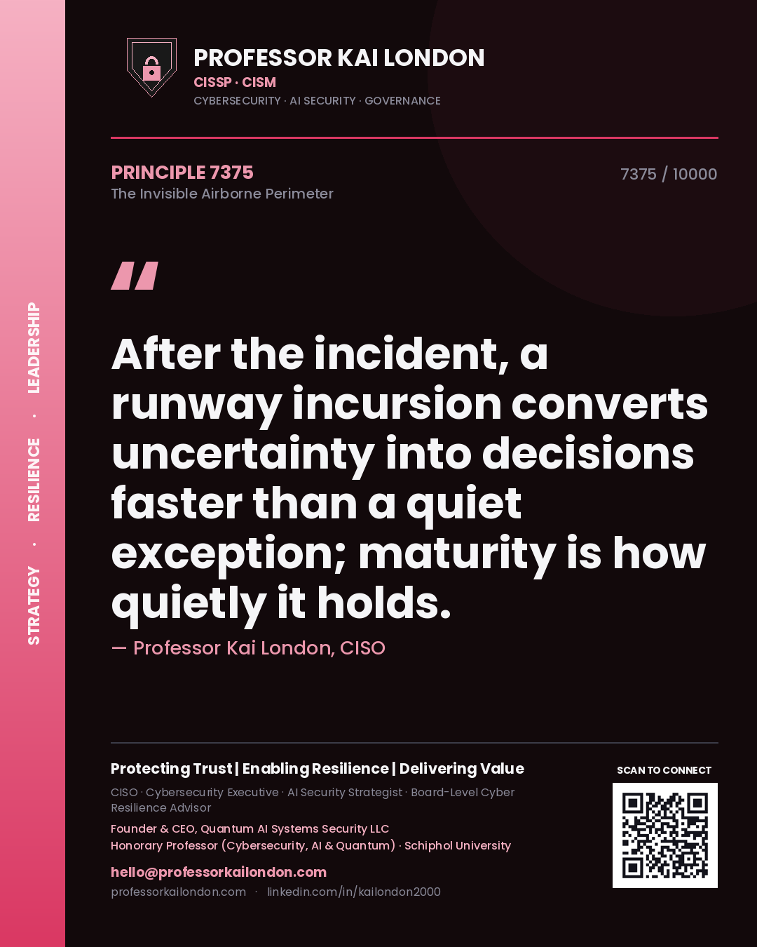 Quote card by Professor Kai London reading 'After the incident, a runway incursion converts uncertainty into decisions faster than a quiet exception; maturity is how quietly it holds.'. From the book The Invisible Airborne Perimeter.