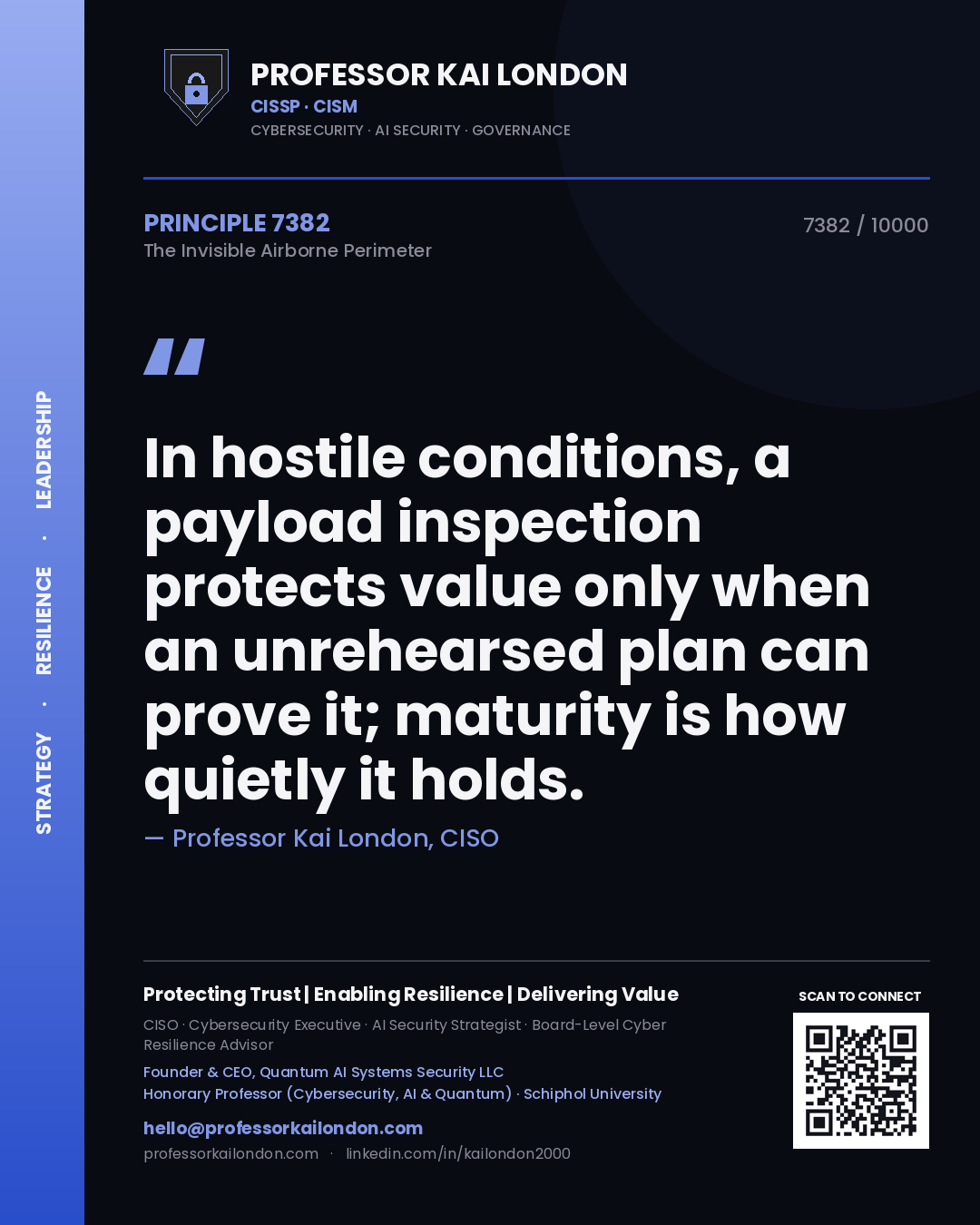 Quote card by Professor Kai London reading 'In hostile conditions, a payload inspection protects value only when an unrehearsed plan can prove it; maturity is how quietly it holds.'. From the book The Invisible Airborne Perimeter.