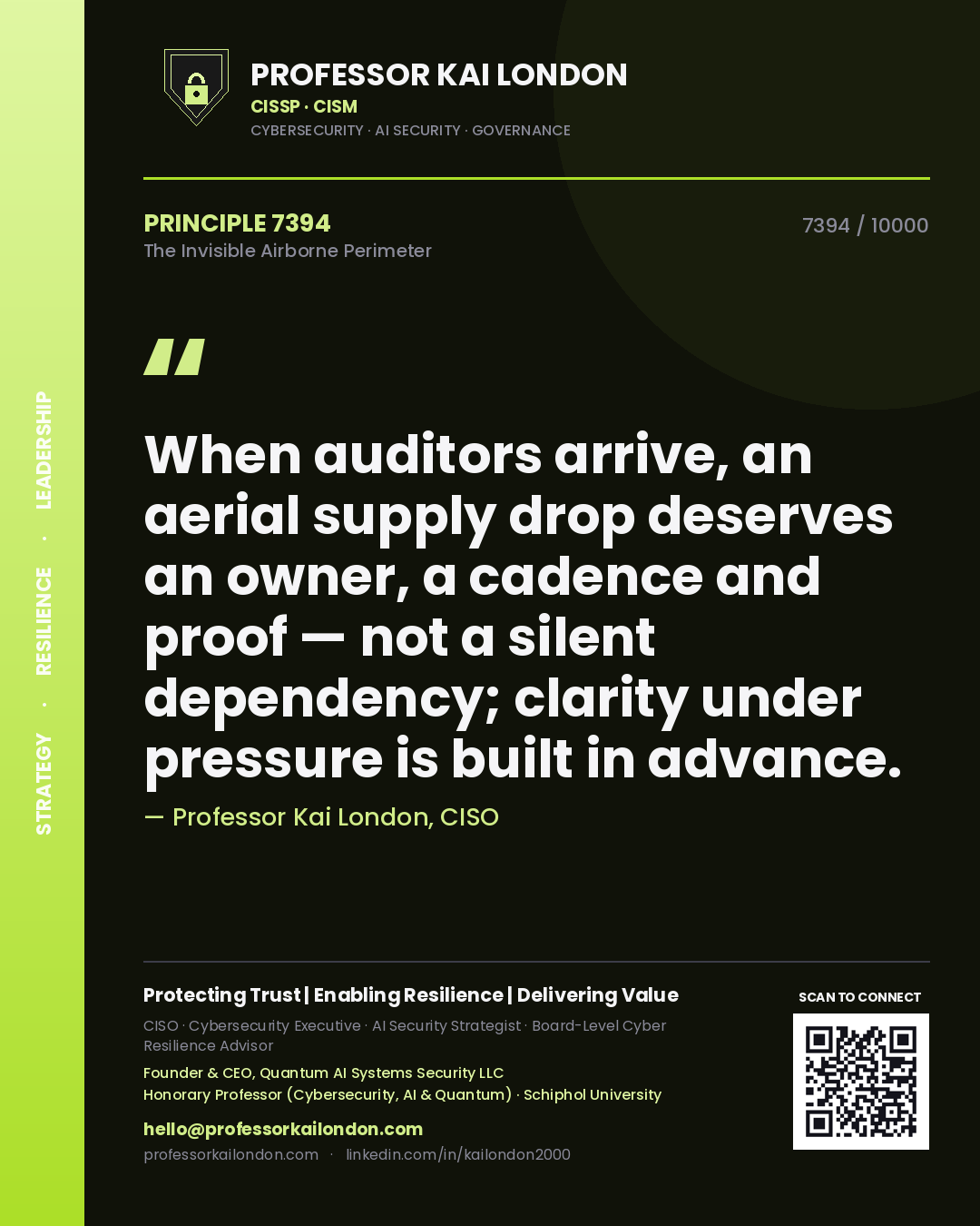 Quote card by Professor Kai London reading 'When auditors arrive, an aerial supply drop deserves an owner, a cadence and proof — not a silent dependency; clarity under pressure is built in advance.'. From the book The Invisible Airborne Perimeter.
