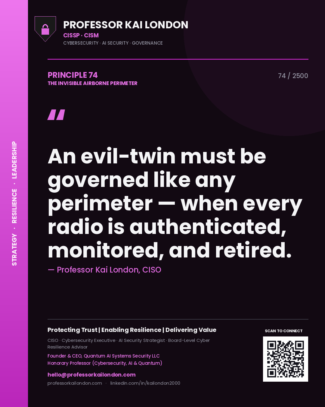 Quote card by Professor Kai London reading 'An evil-twin must be governed like any perimeter — when every radio is authenticated, monitored, and retired.'. From the book The Invisible Airborne Perimeter.