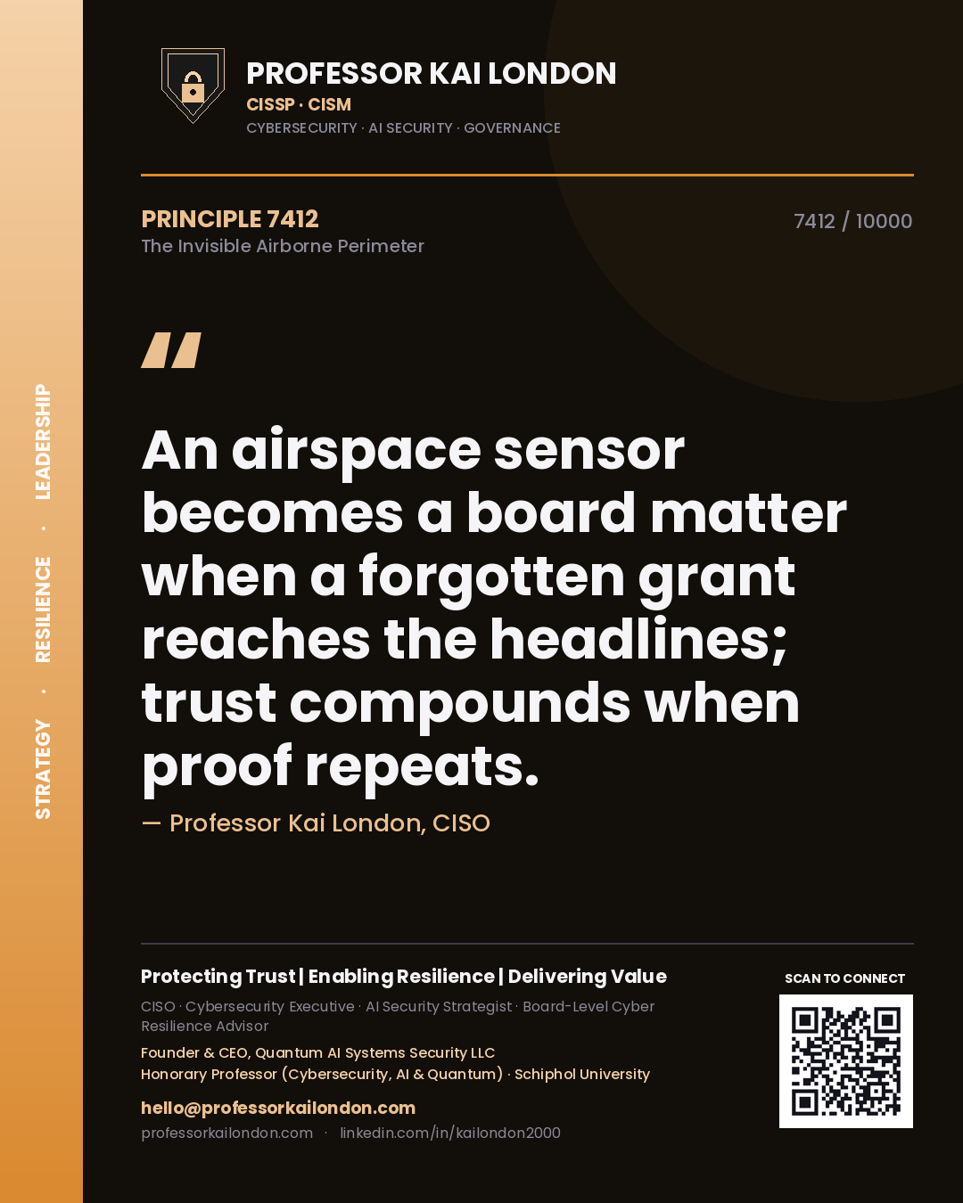 Quote card by Professor Kai London reading 'An airspace sensor becomes a board matter when a forgotten grant reaches the headlines; trust compounds when proof repeats.'. From the book The Invisible Airborne Perimeter.
