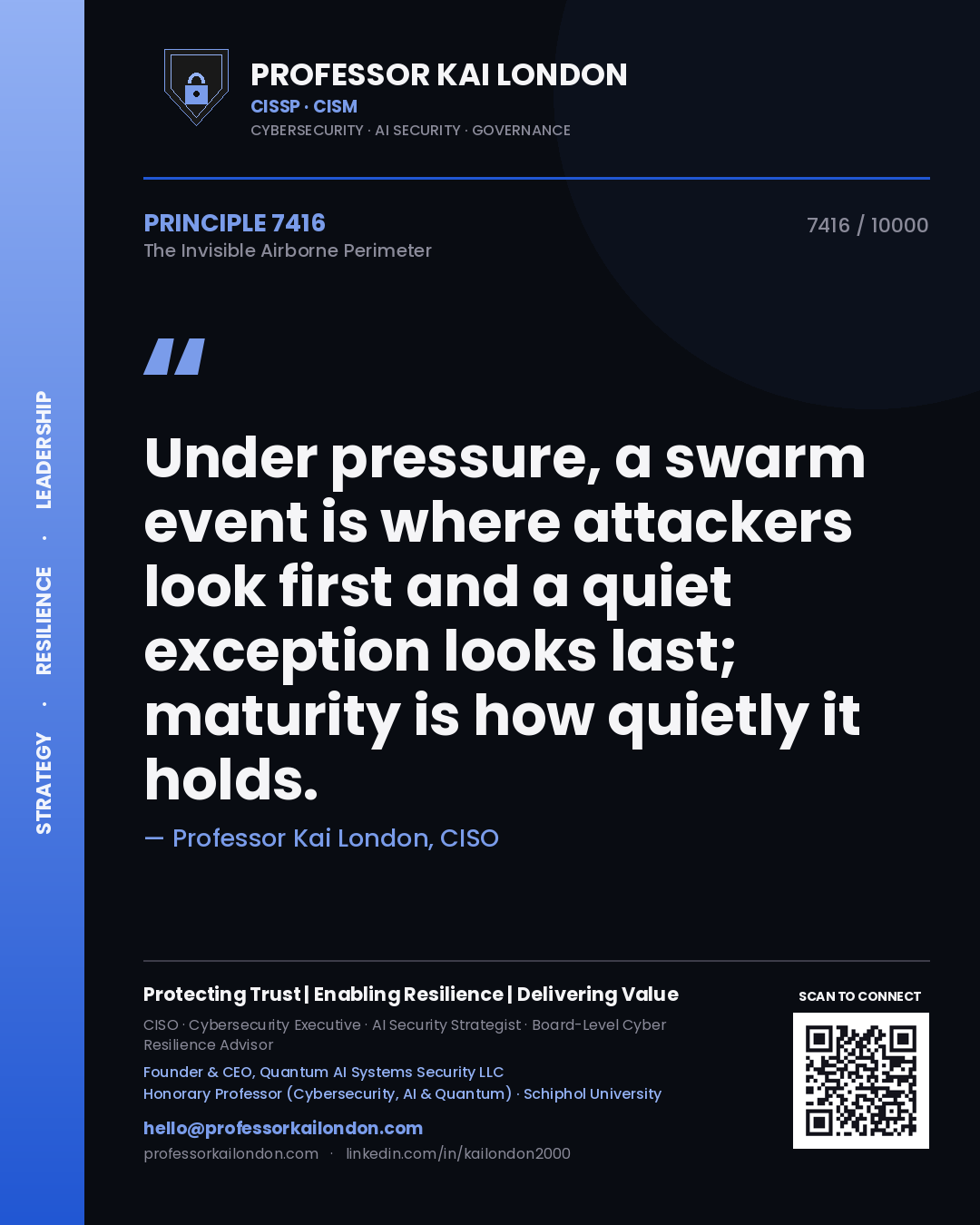 Professor Kai London principle 7416: Under pressure, a swarm event is where attackers look first and a quiet exception looks last; maturity is how quietly it holds.