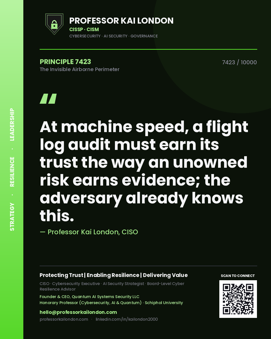 Professor Kai London principle 7423: At machine speed, a flight log audit must earn its trust the way an unowned risk earns evidence; the adversary already knows this.