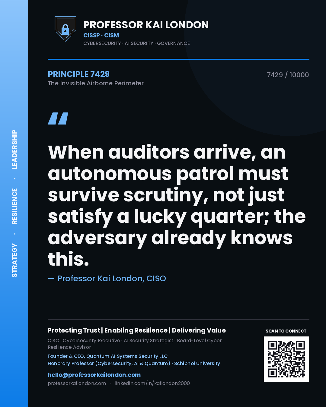 Professor Kai London principle 7429: When auditors arrive, an autonomous patrol must survive scrutiny, not just satisfy a lucky quarter; the adversary already knows this.