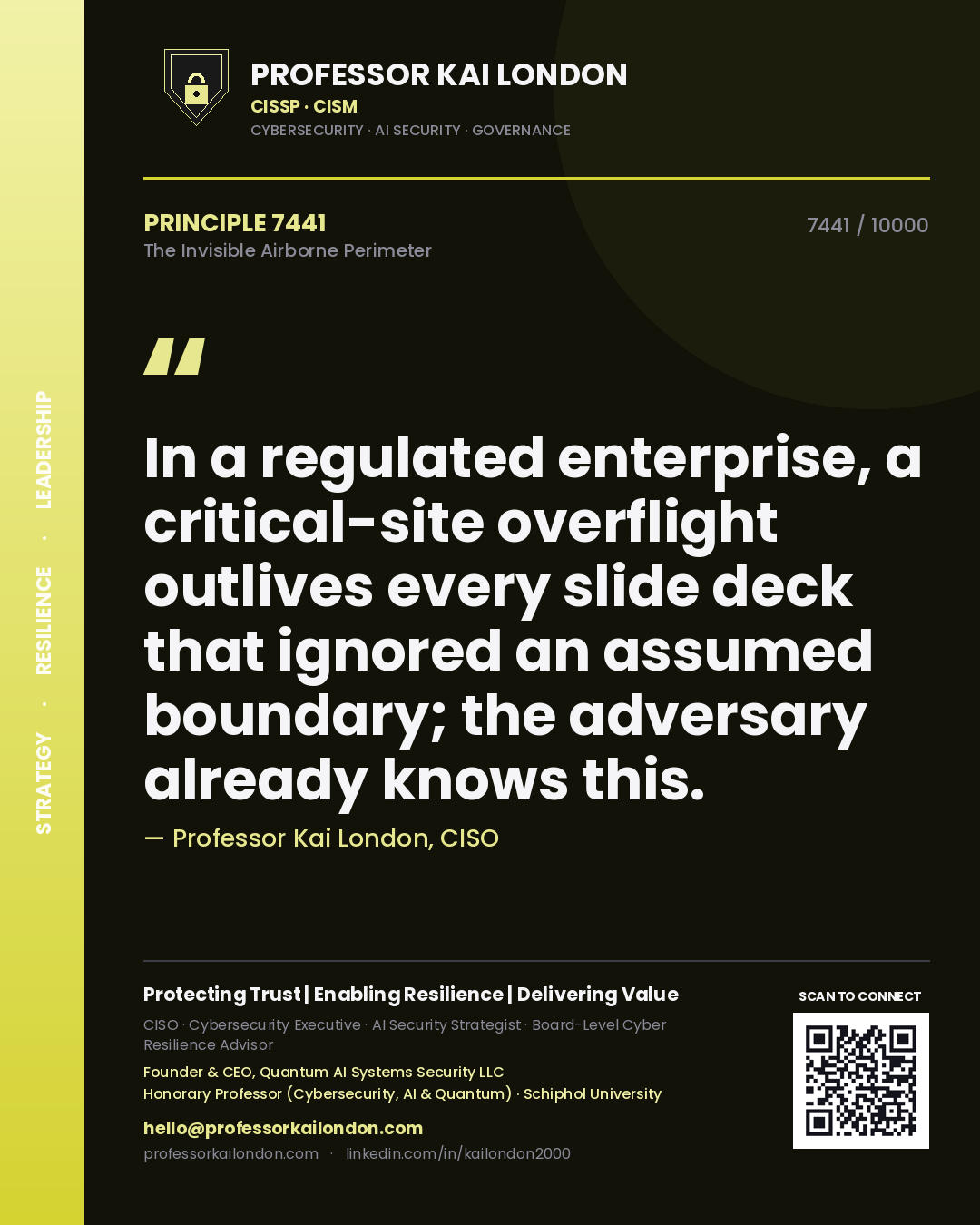Professor Kai London principle 7441: In a regulated enterprise, a critical-site overflight outlives every slide deck that ignored an assumed boundary; the adversary already knows this.