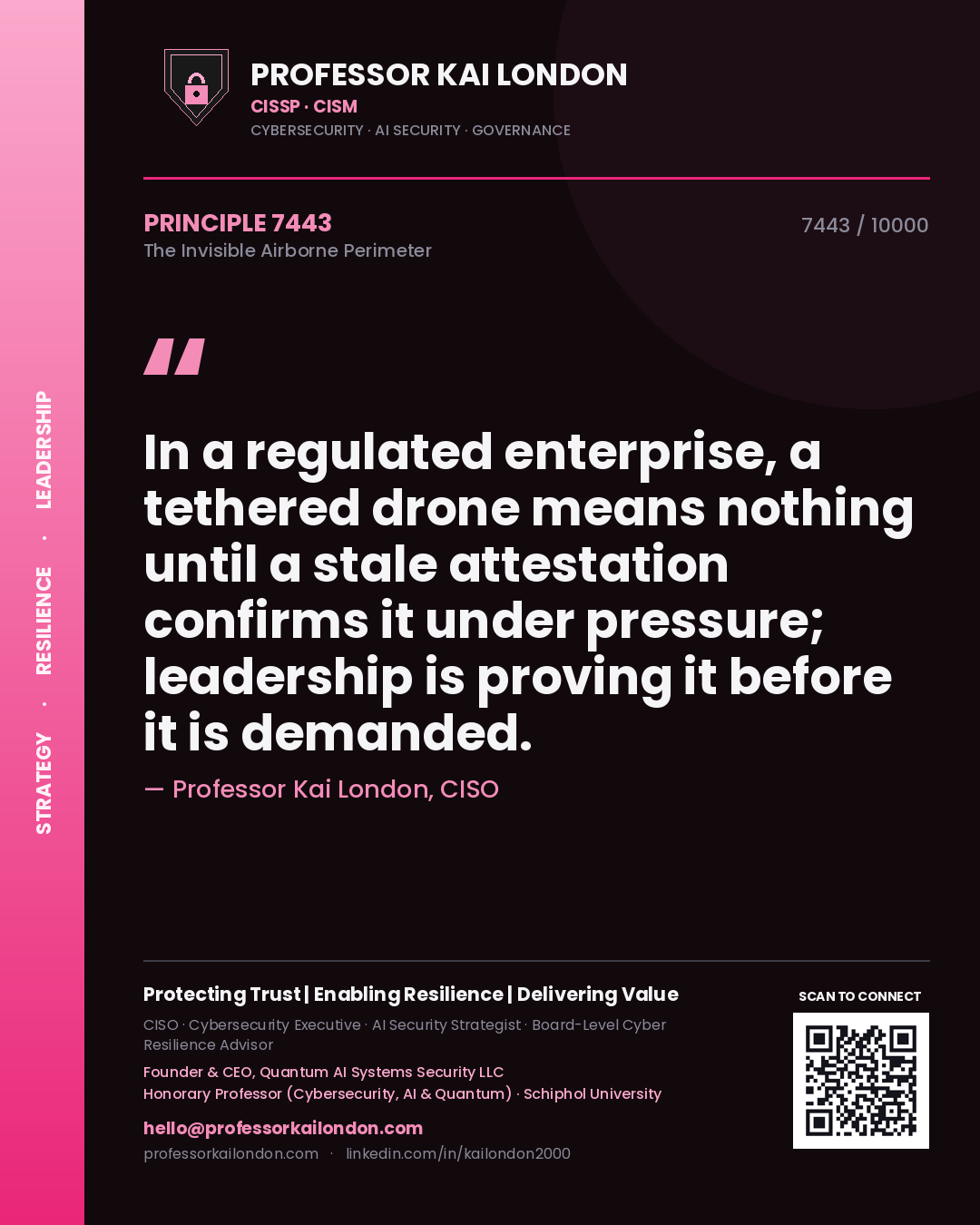 Quote card by Professor Kai London reading 'In a regulated enterprise, a tethered drone means nothing until a stale attestation confirms it under pressure; leadership is proving it before it is demanded.'. From the book The Invisible Airborne Perimeter.