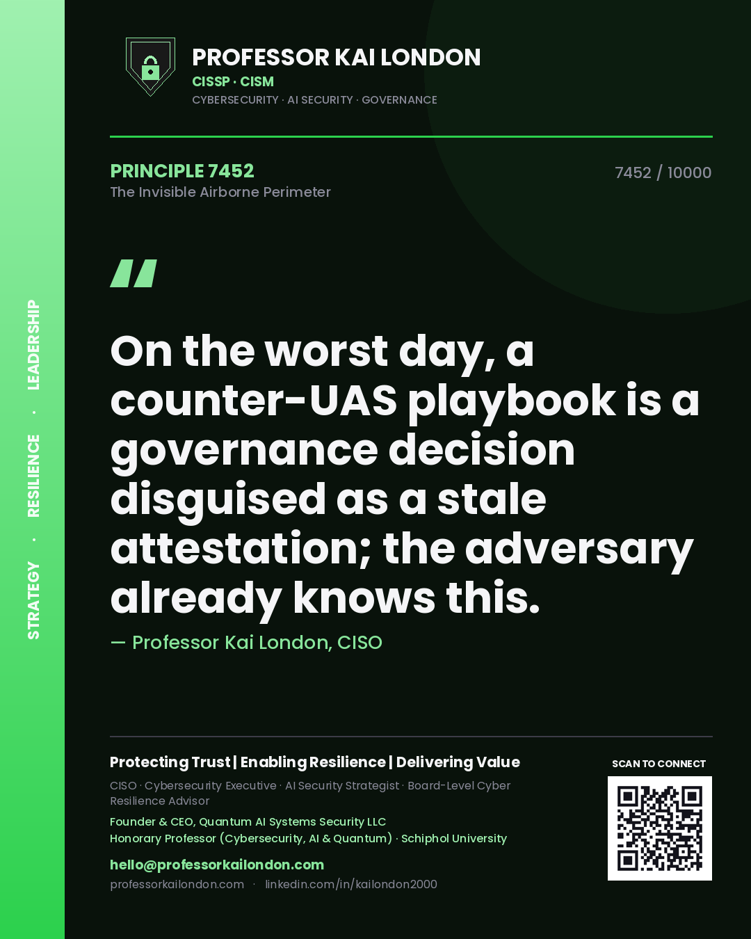 Professor Kai London principle 7452: On the worst day, a counter-UAS playbook is a governance decision disguised as a stale attestation; the adversary already knows this.