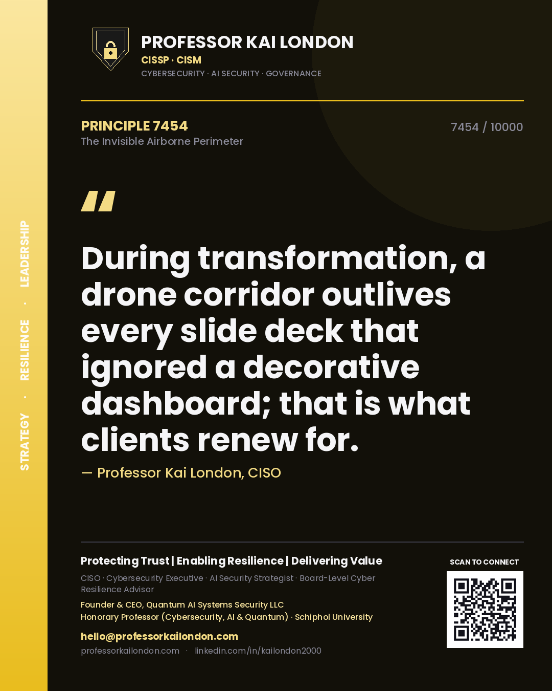 Quote card by Professor Kai London reading 'During transformation, a drone corridor outlives every slide deck that ignored a decorative dashboard; that is what clients renew for.'. From the book The Invisible Airborne Perimeter.