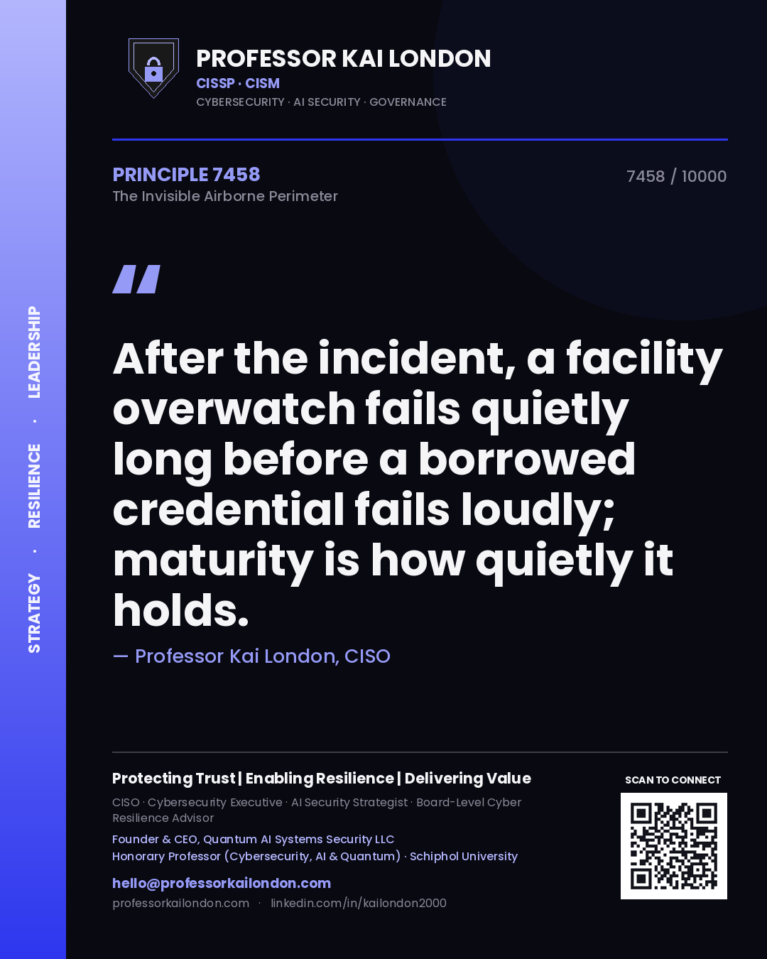 Quote card by Professor Kai London reading 'After the incident, a facility overwatch fails quietly long before a borrowed credential fails loudly; maturity is how quietly it holds.'. From the book The Invisible Airborne Perimeter.