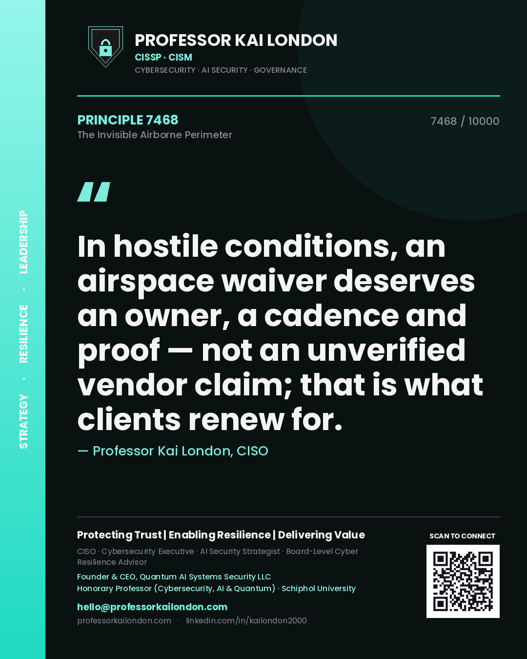 Professor Kai London principle 7468: In hostile conditions, an airspace waiver deserves an owner, a cadence and proof — not an unverified vendor claim; that is what clients renew for.