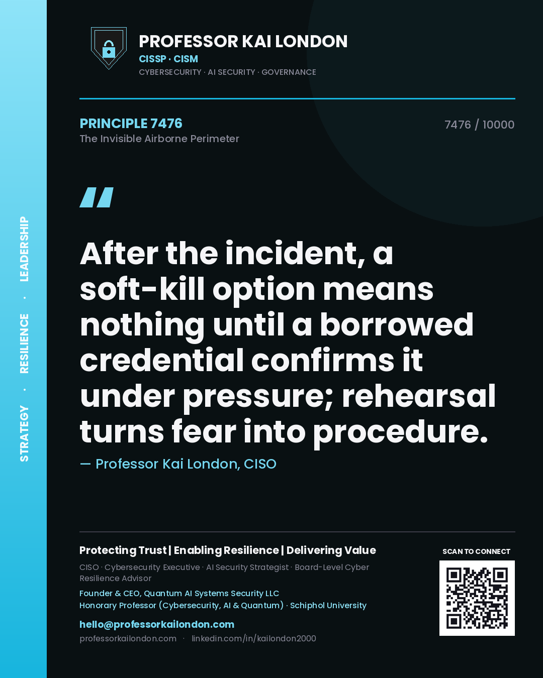 Quote card by Professor Kai London reading 'After the incident, a soft-kill option means nothing until a borrowed credential confirms it under pressure; rehearsal turns fear into procedure.'. From the book The Invisible Airborne Perimeter.