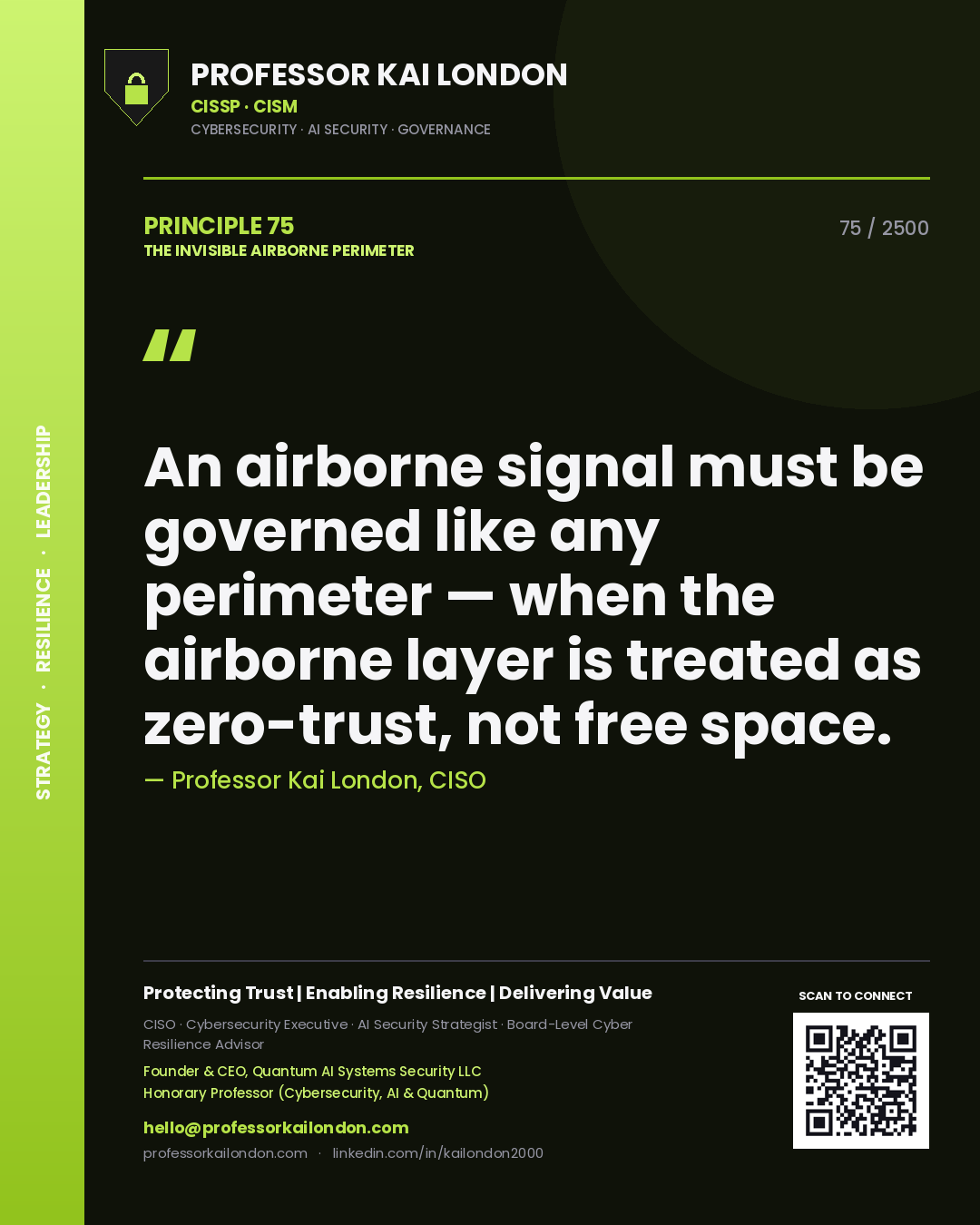 Quote card by Professor Kai London reading 'An airborne signal must be governed like any perimeter — when the airborne layer is treated as zero-trust, not free space.'. From the book The Invisible Airborne Perimeter.