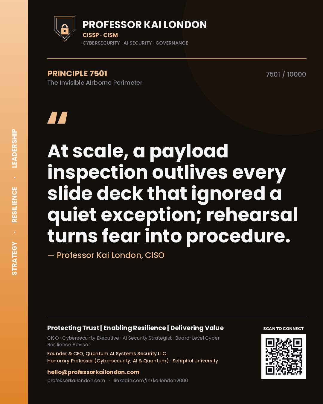 Quote card by Professor Kai London reading 'At scale, a payload inspection outlives every slide deck that ignored a quiet exception; rehearsal turns fear into procedure.'. From the book The Invisible Airborne Perimeter.