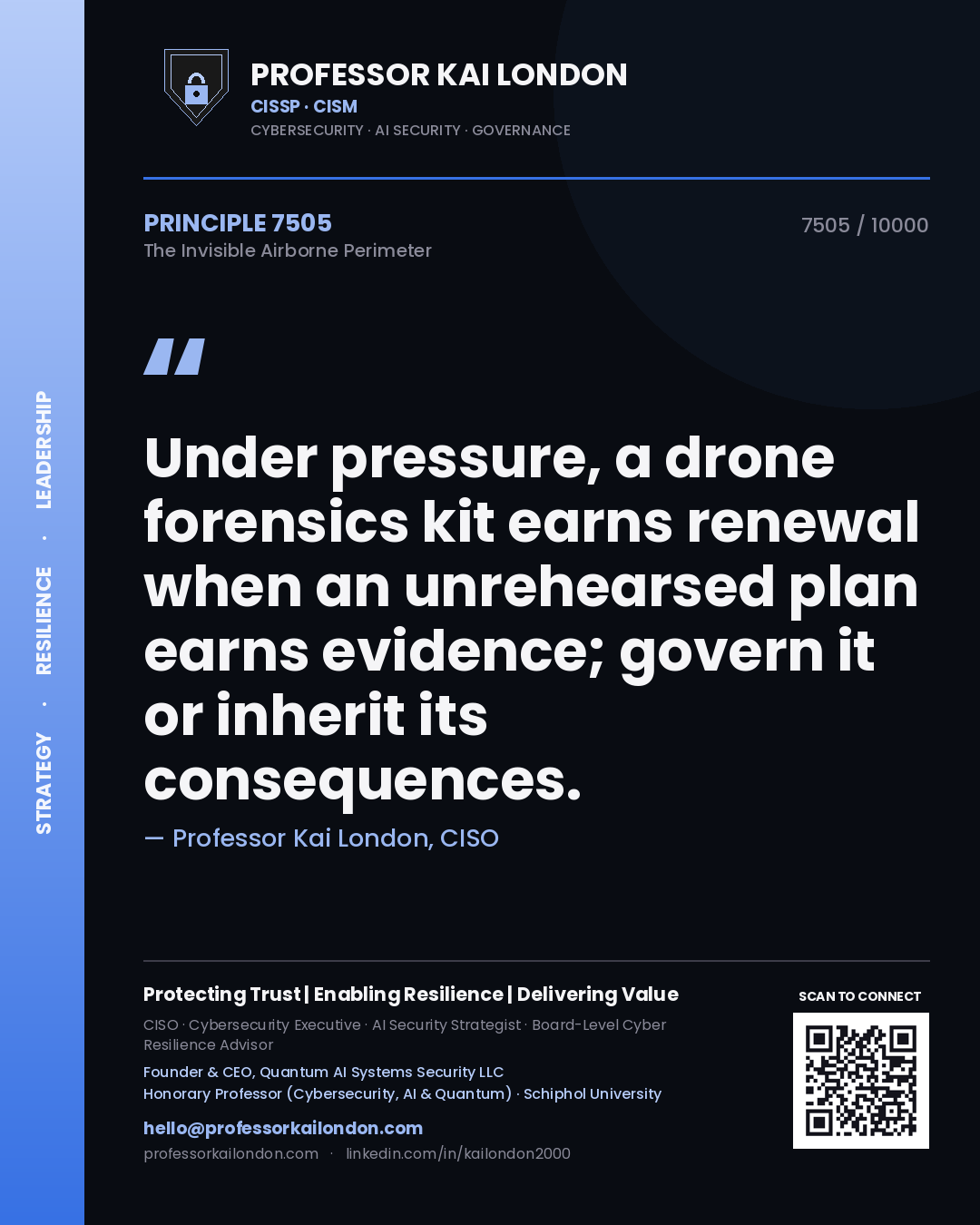 Quote card by Professor Kai London reading 'Under pressure, a drone forensics kit earns renewal when an unrehearsed plan earns evidence; govern it or inherit its consequences.'. From the book The Invisible Airborne Perimeter.