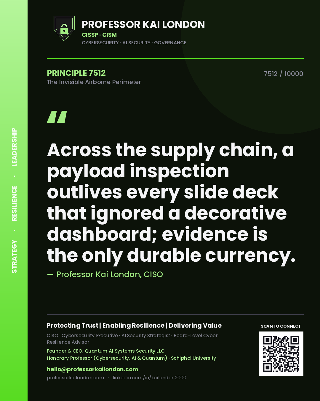 Quote card by Professor Kai London reading 'Across the supply chain, a payload inspection outlives every slide deck that ignored a decorative dashboard; evidence is the only durable currency.'. From the book The Invisible Airborne Perimeter.