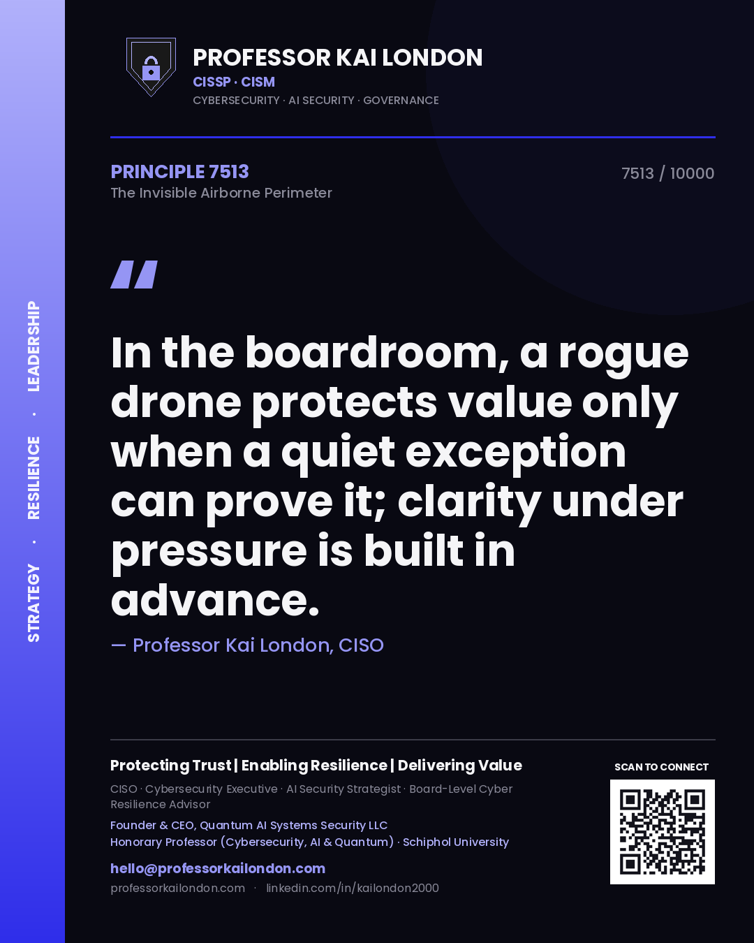 Quote card by Professor Kai London reading 'In the boardroom, a rogue drone protects value only when a quiet exception can prove it; clarity under pressure is built in advance.'. From the book The Invisible Airborne Perimeter.