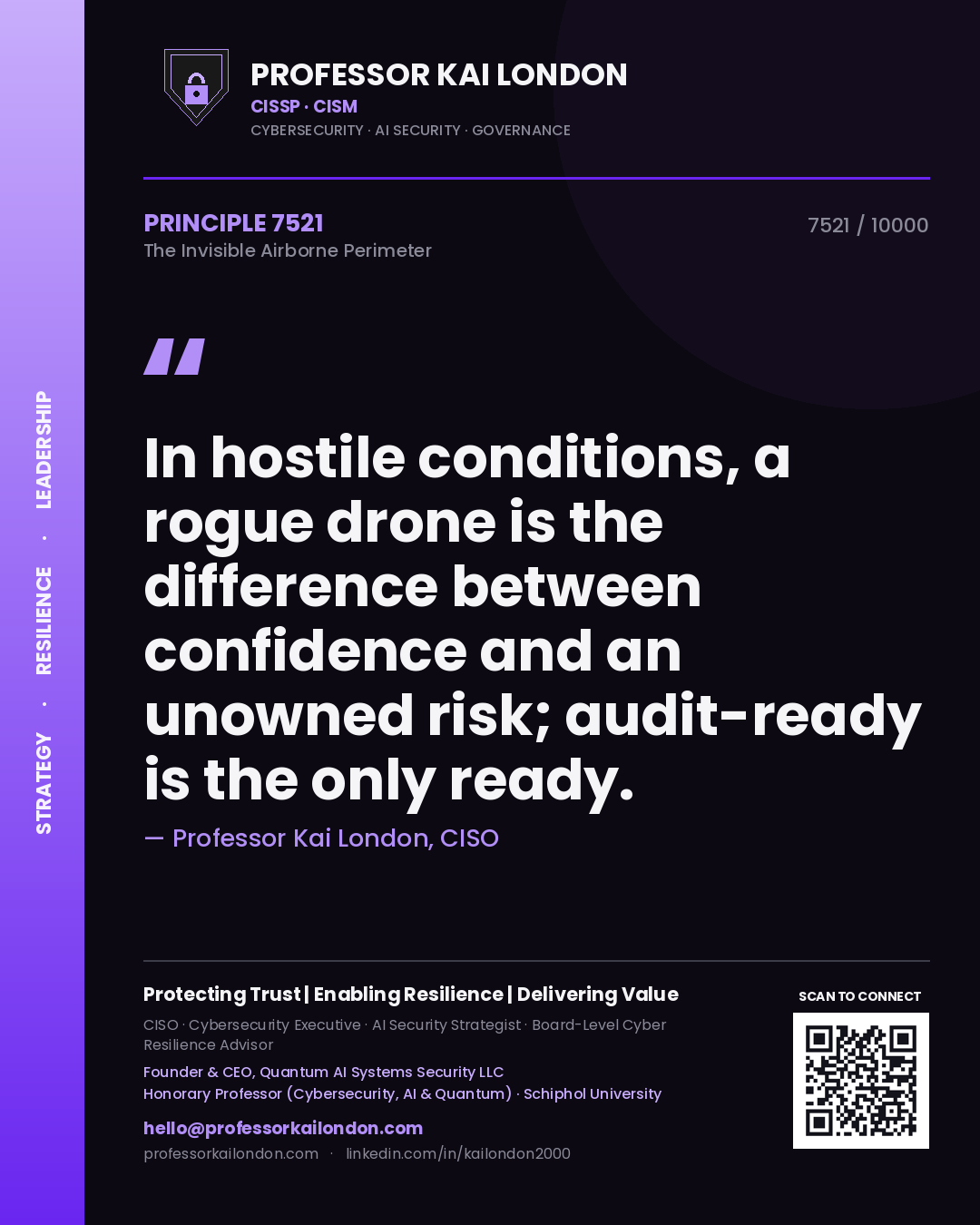Quote card by Professor Kai London reading 'In hostile conditions, a rogue drone is the difference between confidence and an unowned risk; audit-ready is the only ready.'. From the book The Invisible Airborne Perimeter.