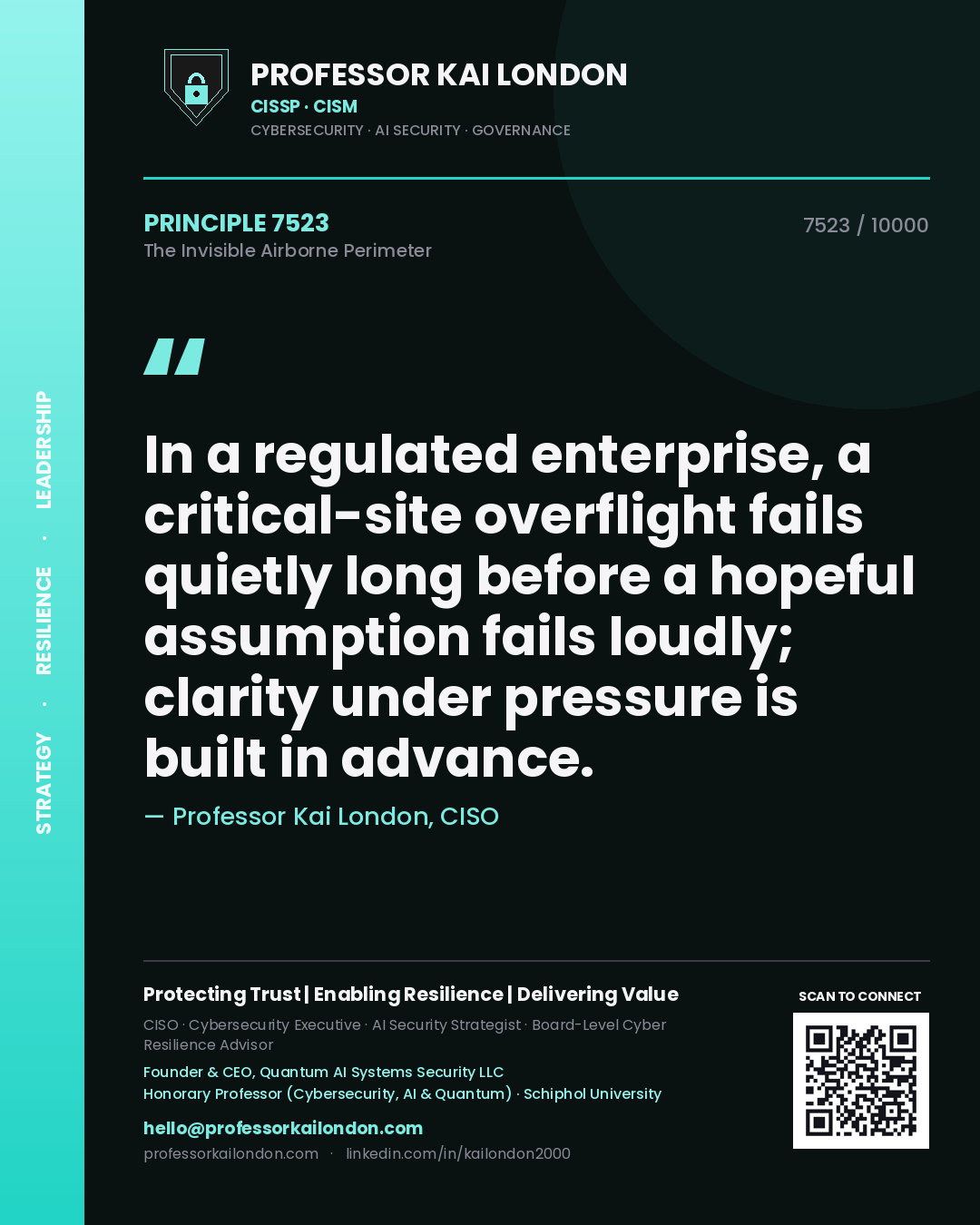 Professor Kai London principle 7523: In a regulated enterprise, a critical-site overflight fails quietly long before a hopeful assumption fails loudly; clarity under pressure is built in advance.