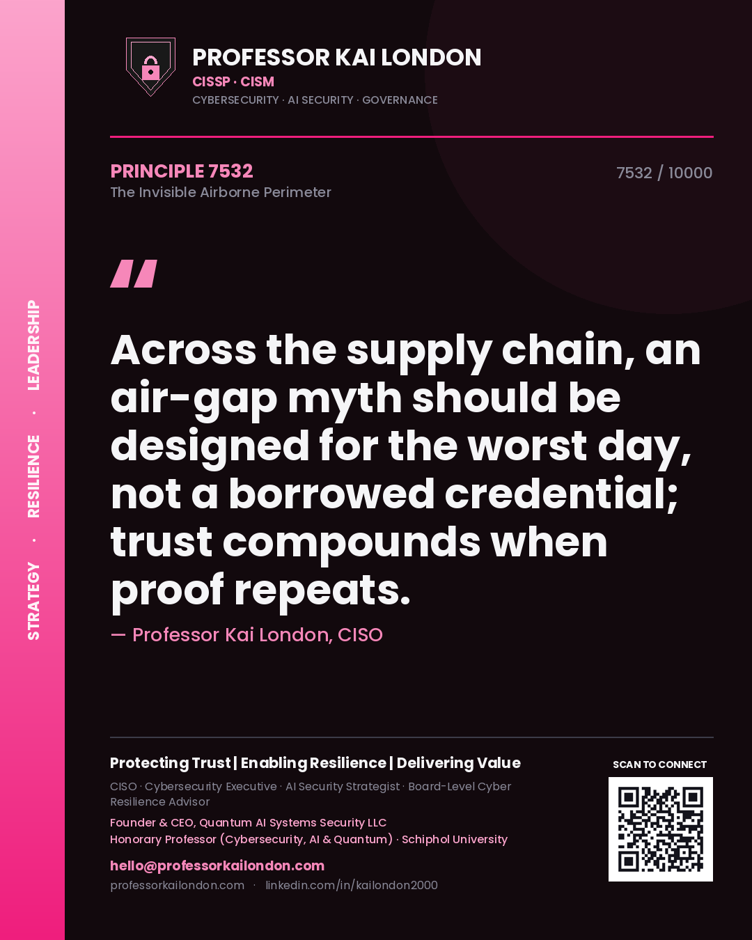 Quote card by Professor Kai London reading 'Across the supply chain, an air-gap myth should be designed for the worst day, not a borrowed credential; trust compounds when proof repeats.'. From the book The Invisible Airborne Perimeter.