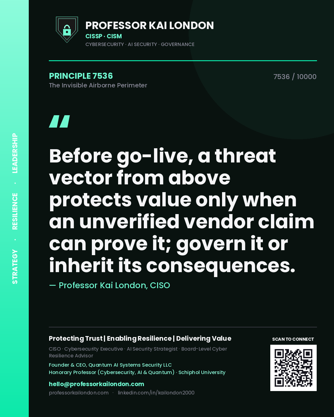 Quote card by Professor Kai London reading 'Before go-live, a threat vector from above protects value only when an unverified vendor claim can prove it; govern it or inherit its consequences.'. From the book The Invisible Airborne Perimeter.