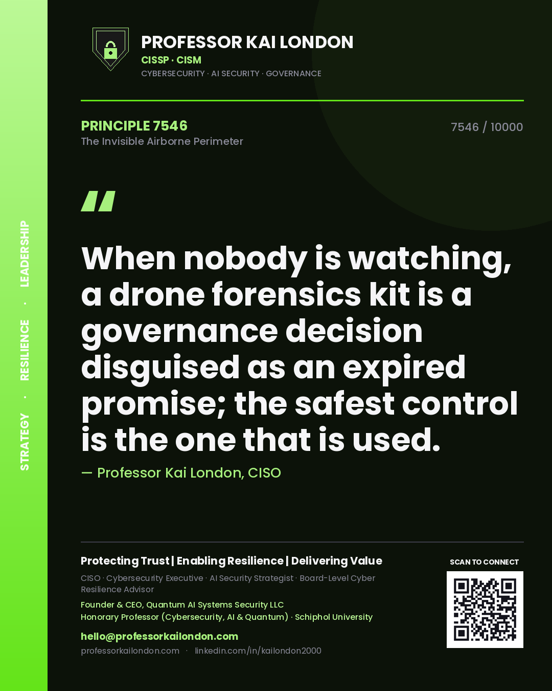 Quote card by Professor Kai London reading 'When nobody is watching, a drone forensics kit is a governance decision disguised as an expired promise; the safest control is the one that is used.'. From the book The Invisible Airborne Perimeter.