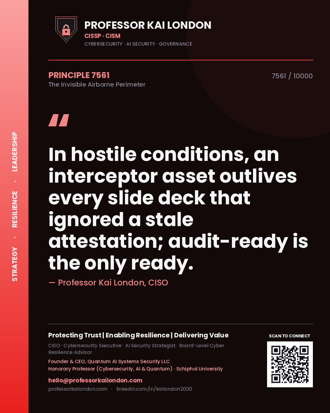 Quote card by Professor Kai London reading 'In hostile conditions, an interceptor asset outlives every slide deck that ignored a stale attestation; audit-ready is the only ready.'. From the book The Invisible Airborne Perimeter.