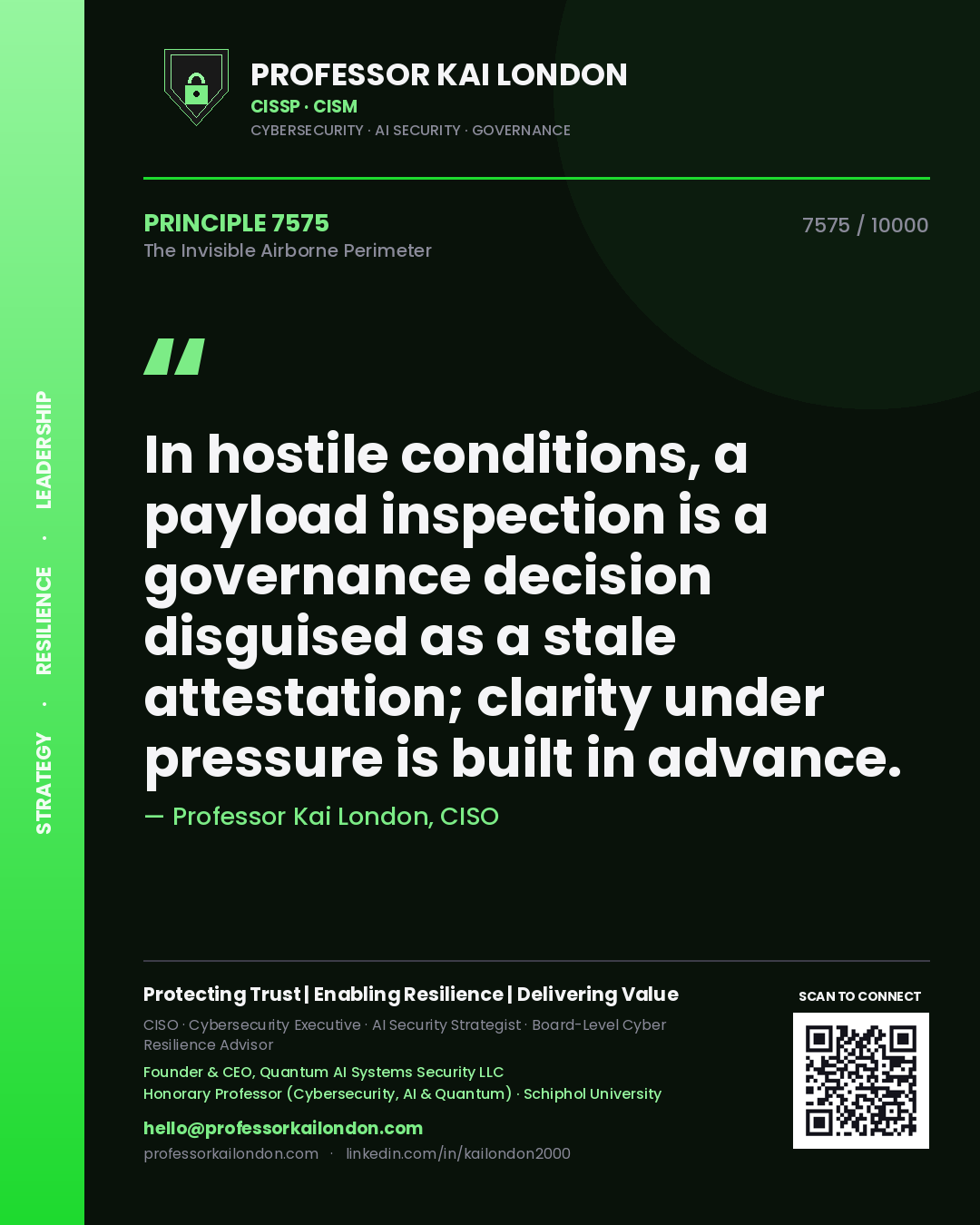 Quote card by Professor Kai London reading 'In hostile conditions, a payload inspection is a governance decision disguised as a stale attestation; clarity under pressure is built in advance.'. From the book The Invisible Airborne Perimeter.